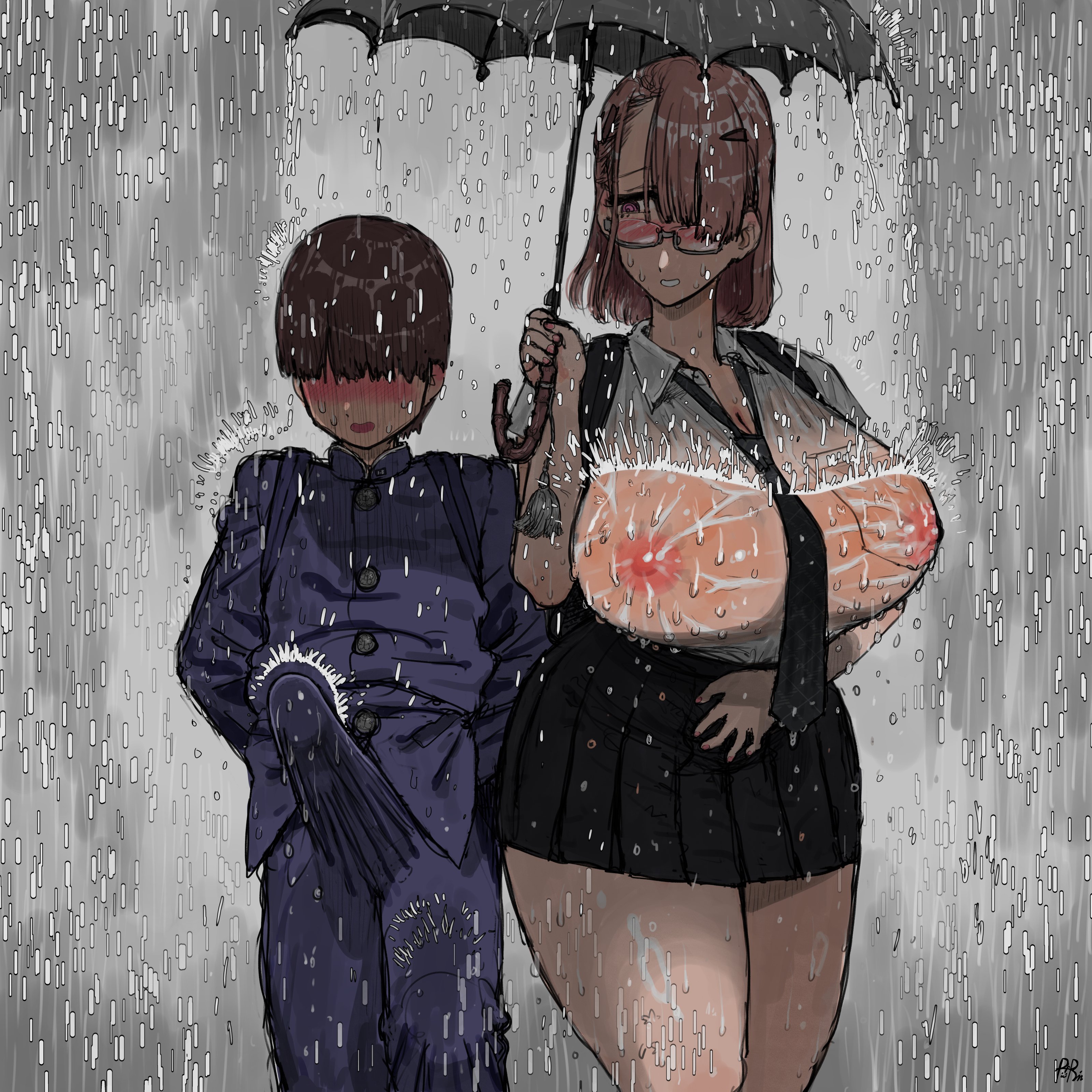 1boy, 1girls, 2d, 2d (artwork), big breasts, big cock, big penis, bigger female, boy, breasts, clothed, clothed female, clothed male, cock, erect cock, erect penis, erection, erection under clothes, female, glasses, glasses on face, height difference, horny, horny female, horny male, large boobs, large breasts, large cock, large penis, larger female, light skin, light-skinned female, light-skinned male, male, penis, pinkfuehherin, raining, rainy, shorter male, size difference, smaller male, transparent clothing, umbrella