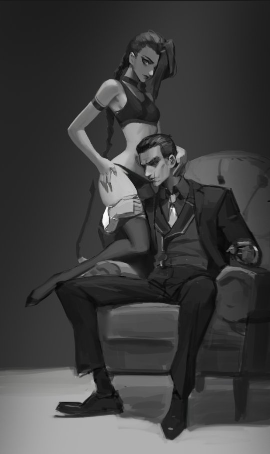 1boy 1boy1girl 1girls arcane arcane_jinx banyungong92 black_hair black_legwear chair female incest_(lore) jinx_(league_of_legends) league_of_legends legwear male monochrome older_male riot_games scar scar_across_eye scar_on_face silco_(arcane) step-incest younger_female