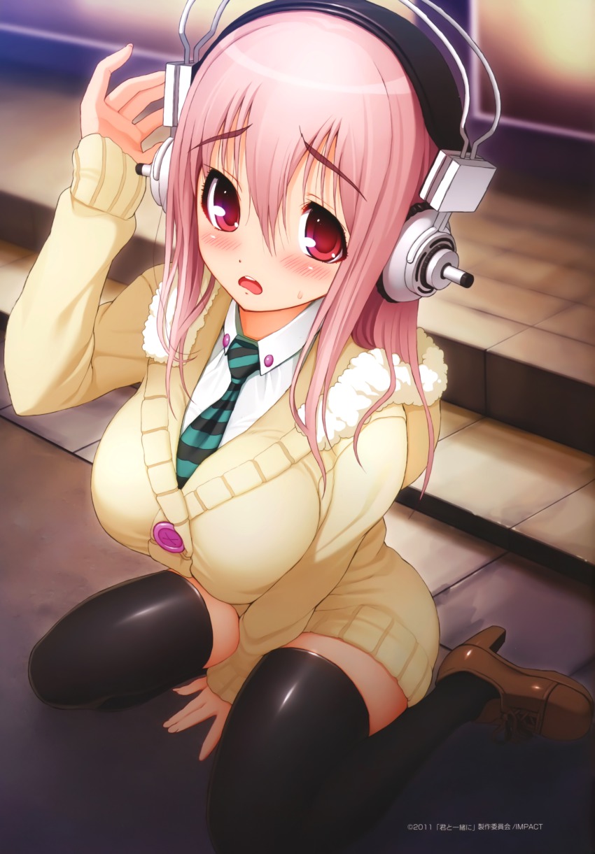 absurdres, black thighhighs, blush, breasts, cute, dot nose, female, female focus, headphones, highres, large breasts, long hair, looking at viewer, necktie, nitroplus, official art, on floor, on ground, open mouth, pink eyebrows, pink eyes, pink hair, shoes, sitting, solo, stairs, super sonico, sweater, thighhighs, tsuji santa