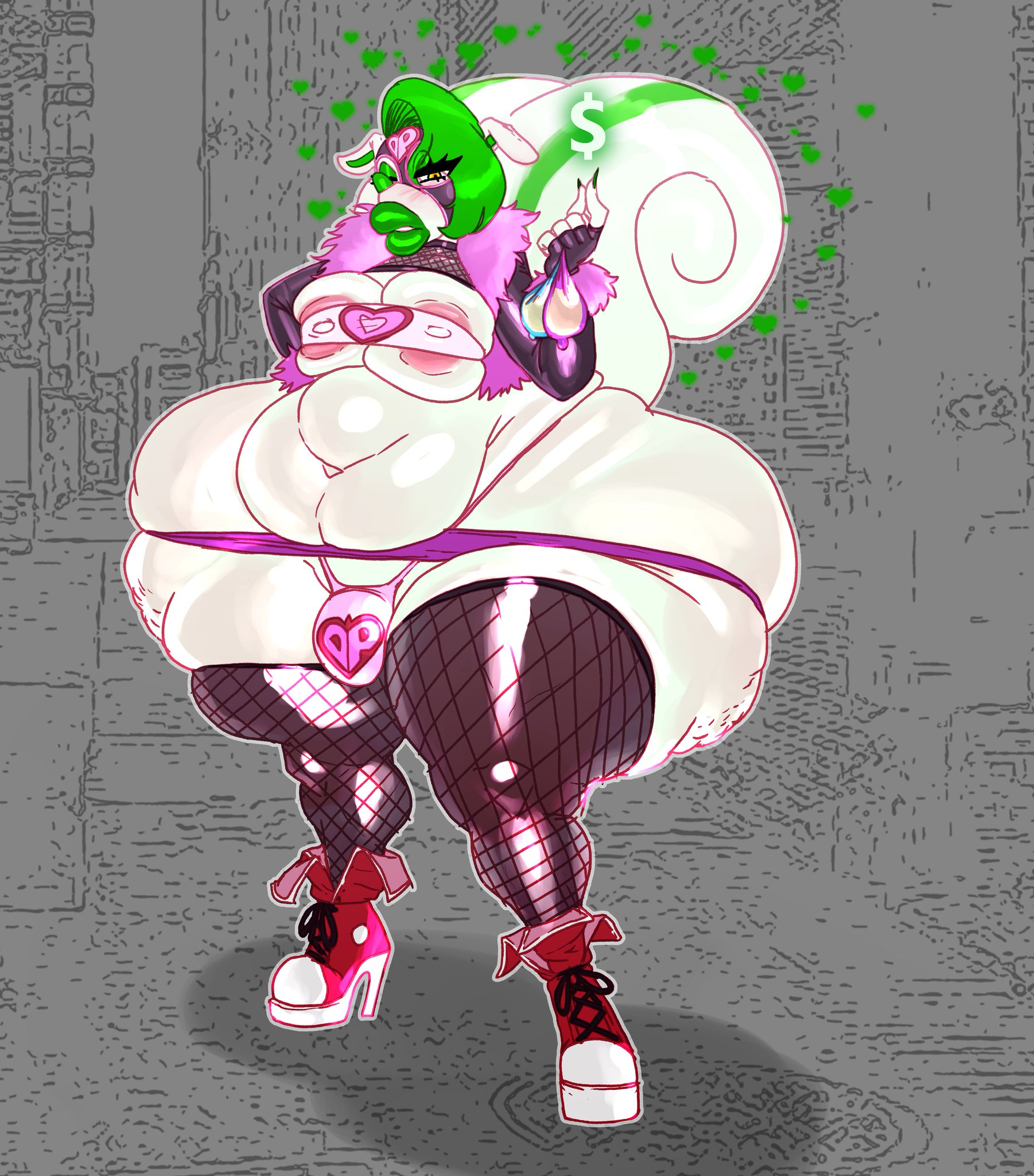 anthro, ass bigger than head, ass bigger than torso, big ass, d-piddy, filled condom, filled condoms, fishnet legwear, fishnet stockings, flamingsanity, futanari, gay, green hair, green lips, green lipstick, holding condom, holding condoms, holding filled condom, huge ass, intersex, large ass, mask, puddin toon skunk, sissy, skunk, sneaker high heels, toony, trans, voluptuous