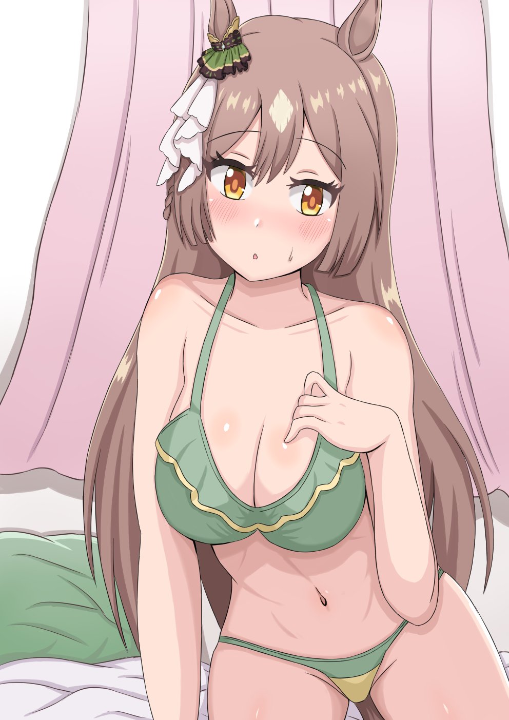 1girls, bare belly, bare chest, bare hands, bare hips, bare legs, bare midriff, bare navel, bare shoulders, bare thighs, belly, belly button, big breasts, bikini, bikini bottom, bikini only, bikini top, blush, blush face, blushing at viewer, blushing female, blushing lines, breasts, brown eyebrows, brown eyes, brown hair, brown-eyed female, brown-haired female, busty, busty female, cleavage, collarbone, curvaceous, curvaceous body, curvaceous female, curvaceous figure, curvaceous hips, curvy, curvy body, curvy female, curvy figure, curvy hips, digital, digital art, digital drawing, digital drawing (artwork), digital media, digital media (artwork), elbows, exposed arms, exposed belly, exposed chest, exposed hips, exposed legs, exposed midriff, exposed navel, exposed shoulders, exposed skin, exposed thighs, eyebrows visible through hair, female, female focus, female only, fingers, green bikini, green bikini bottom, green bikini top, green swimsuit, green swimwear, groin, hair between eyes, hair ribbon, hair tie, half naked, half nude, halterneck, hand on breast, hand on chest, hand on own breast, hand on own chest, high resolution, highres, hourglass figure, inguinal crease, inguinal ligament, large boobs, large breasts, lean figure, linea alba, long hair, looking at viewer, midriff, naked, naked female, naked woman, narrow waist, navel, nude, nude female, nudity, piito (kamin), plump breasts, ribbon, satono diamond (umamusume), semi nude, shoulders, sitting, slender body, slender waist, slim waist, solo, stomach, swimsuit, swimwear, thick thighs, thigh gap, thighs, umamusume, umamusume pretty derby, upper body, white hair ribbon, white hair tie, white ribbon, wide hips