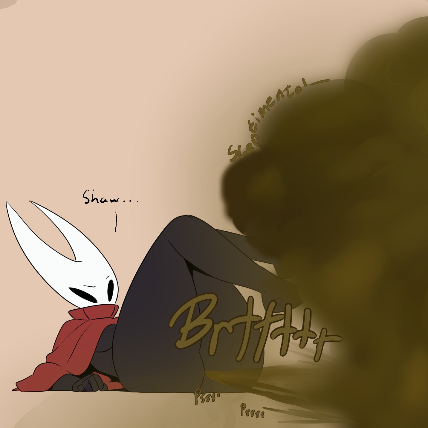 1girls, 2d, ass, bare ass, big ass, big butt, big fart, breasts, brown fart, brown fart cloud, bug, fart, fart cloud, fart fetish, farting, female, female fart, female farting, female only, hollow knight, hollow knight: silksong, hornet (hollow knight), insect, insects, lying on back, mask, no genitals, no panties, no sex, on back, onomatopoeia, red clothing, robe, robe only, scentimental, silksong, simple background, solo, solo female, text, thick thighs, underboob