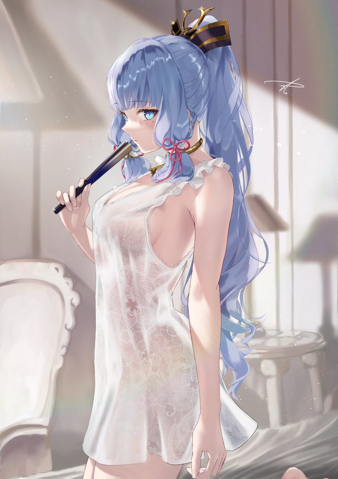 1girls, big breasts, blue hair, breasts, female, female only, genshin impact, kamisato ayaka, looking at viewer, revealing clothes, samurai, silver hair, solo, tagme, transparent clothing