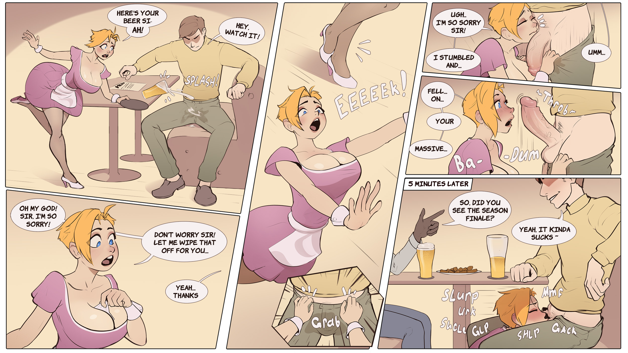 1boy, 1girls, accident, accidental exposure, all the way to the base, big breasts, big penis, blonde hair, blowjob, breasts, cleavage, cock gobble, cockwarming, comic, deepthroat, erect penis, erection, falling, fellatio, female, heels, hidden sex, inn, light skin, light-skinned female, male, nanodeath, onomatopoeia, oral, oral support, original, original character, pants down, pants pull, penis, penis awe, penis on face, penis out, penis size talk, short hair, size talk, smirk, spilled drink, tavern, text, text bubble, tripping, uncensored, under the table, waitress