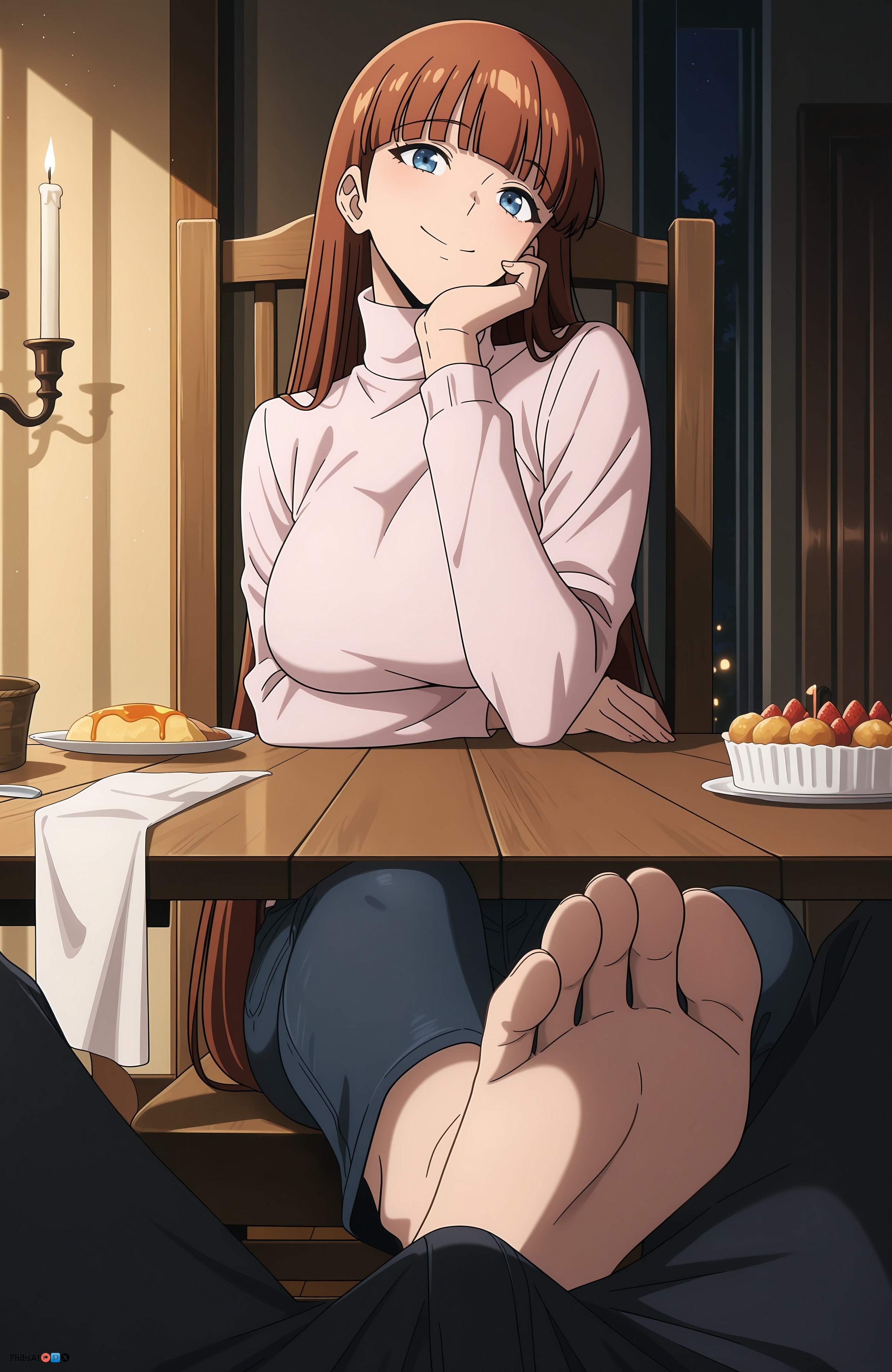ai generated, bangs, barefoot, blue eyes, blunt bangs, breasts, brown hair, cake, eyebrows visible through hair, feet, female, food, footjob, fruit, indoors, jeans, large breasts, lee joo hee, long hair, long sleeves, looking at viewer, mandarin orange, orange, out of frame, pants, phibsai, pink sweater, plate, pov, ribbed sweater, sitting, smile, soles, solo focus, solo leveling, sung jin woo, sweater, table, toes, turtleneck, turtleneck sweater, under the table, wooden floor