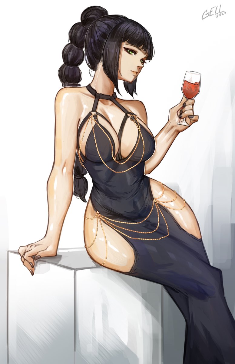 1girls, arm support, baldur's gate, baldur's gate 3, black hair, braid, braided hair, dress, elf female, fanart, female, female only, forgotten realms, gelldraws, green eyes, holding glass, modakawa dress, pointy ears, scar, shadowheart, sitting, solo, solo female, thin eyebrows