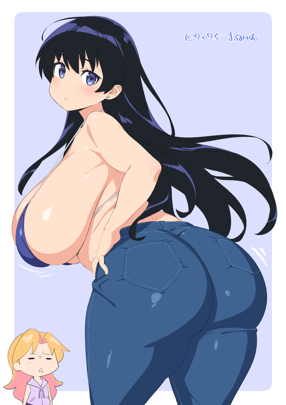 2girls, arato nagi, ass, bare shoulders, bikini, black hair, blue background, blue bikini, blue eyes, blue pants, blush, border, breasts, closed eyes, denim, earrings, female, from behind, hand on own hip, highres, huge ass, huge breasts, jewelry, long hair, looking at viewer, looking back, micro bikini, multiple females, multiple girls, orange hair, pants, parted lips, ruri no houseki, skin tight, solo focus, stud earrings, swimsuit, tanigawa ruri, uno makoto, very long hair, white border