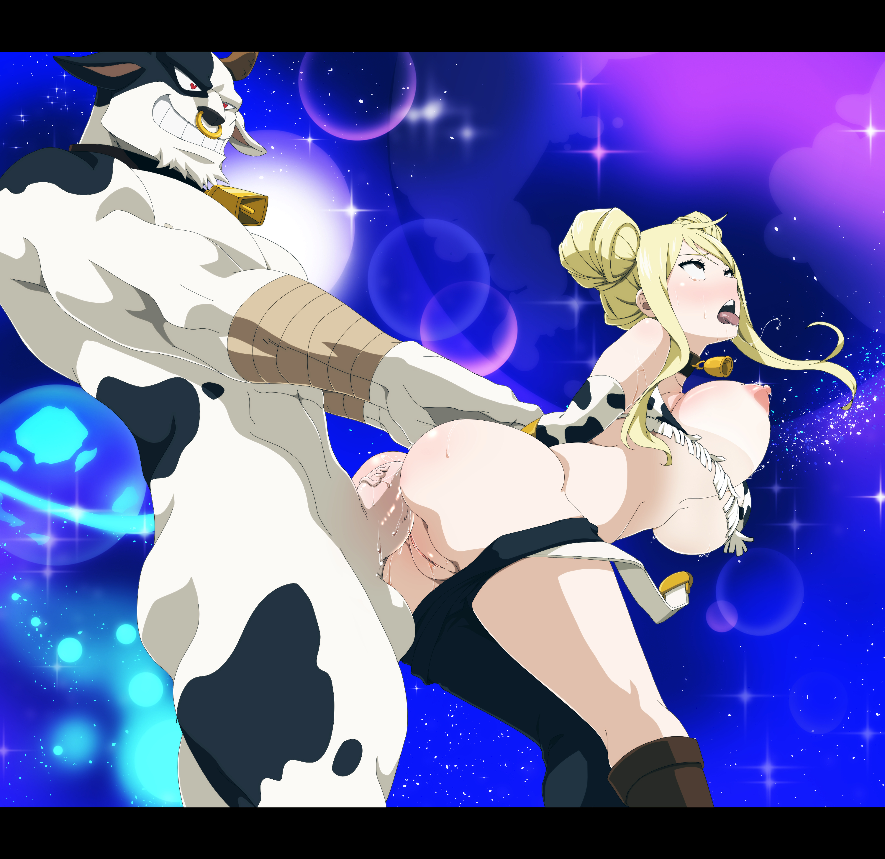 1girls, anal, anal sex, blonde hair, blonde-haired female, cow girl, cow print, cow print bikini, cowboy tanaka, fairy tail, female, furry, furry male, furry with non-furry, interspecies, lexus (artist), lucy heartfilia, male, rolling eyes, taurus (fairy tail), uncensored