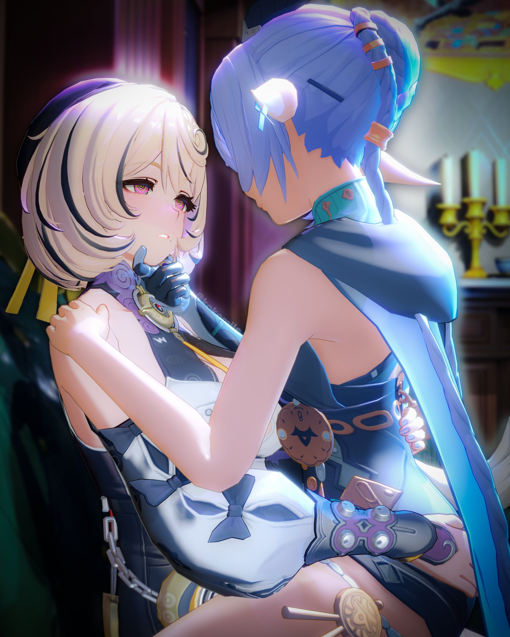2girls, 3d, 3d (artwork), 3d model, arm around back, arm sleeves, ass, bedroom, bedroom eyes, big ass, big breasts, big thighs, blonde hair, blue hair, blush, boob window, braided hair, breasts, button down shirt, button gap, candle, chains, chair, drawer, exposed shoulders, facing forward, female, female only, fingernails, fully clothed, gloves, goat ears, goat girl, grabbing, grabbing ass, hair accessory, hairpin, hand on back, hand on chin, hand on partner's butt, hand on partner's chin, hand on partner's shoulder, hand on shoulder, hat, high waisted shorts, hoodie, horns, hoyoverse, humanoid, impending sex, jewelry, kemonomimi, kokomils, looking at partner, looking into eyes, lucia elowen, mouth closed, nail polish, nightstand, no sleeves, octopus girl, open mouth, purple eyes, purple nails, romantic, short hair, short shorts, shorts, sitting, sitting in chair, sitting on lap, small tail, smile, spread legs, tail, tentacle, tentacle tail, thigh band, thigh squish, thighs, thiren, two-tone hair, yidhari murphy, yuri, zenless zone zero