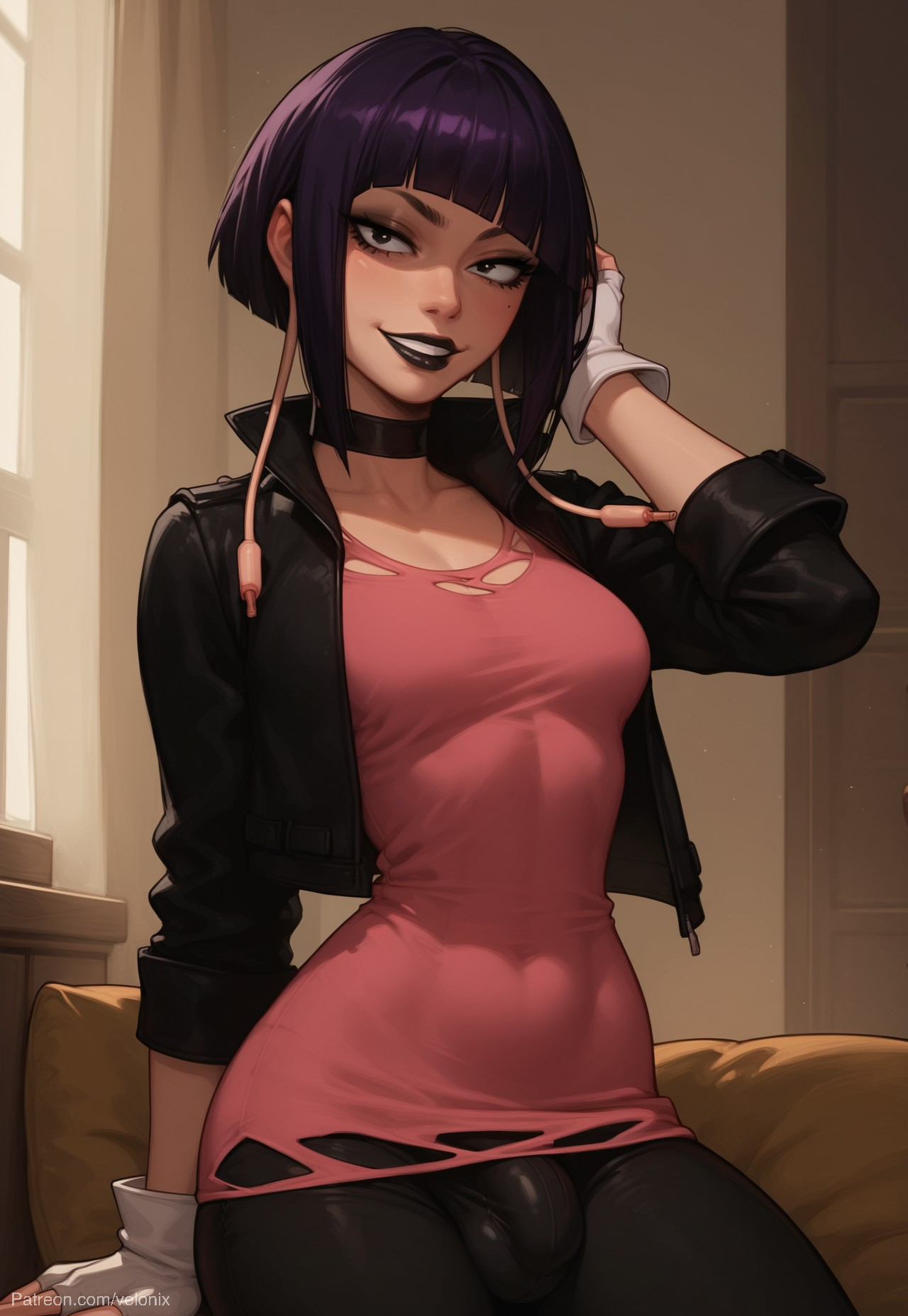1futa, abs, ai generated, ass, balls, bangs, big ass, big breasts, big butt, big hips, big penis, black eyes, black eyeshadow, black lip, black lips, black lipstick, black makeup, black pants, boku no hero academia, breasts, bulge, bulge through clothing, bulge under clothes, cleavage, clothed, clothing, covered abs, dick, dickgirl, eyebrows, eyelashes, female, futa only, futanari, goth, goth futa, goth girl, goth makeup, gothic, gothic girl, gothified, grin, grinning, grinning at viewer, hair, hands-free, huge cock, indoors, intersex, jacket, kyoka jiro, leather clothing, leather jacket, leather pants, lips, long hair, looking at viewer, makeup, medium hair, my hero academia, narrow waist, narrowed eyes, nose, pants, penis, pink shirt, purple hair, red shirt, seducing, seductive, seductive eyes, seductive gaze, seductive look, seductive mouth, seductive pose, seductive smile, shirt, short hair, smile, smile at viewer, smiley face, smooth balls, smooth penis, smooth skin, solo, solo dickgirl, solo focus, solo futa, testicles, velonix