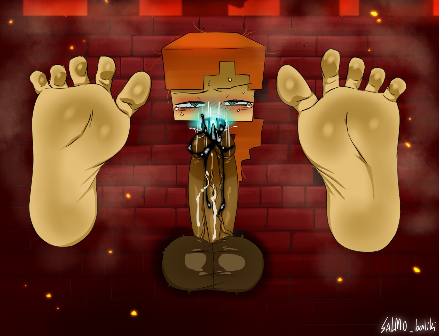 alex (minecraft), balls, barbed penis, barefeet, blush, corruption, cum, cum inside, docking, exposed, exposed penis, femboy, foot fetish, foot focus, free use, huge balls, huge cock, hung bottom, male, minecraft, offscreen character, penis, public use, salmobaliki, spermicidal takeover, stuck, stuck in object, stuck in wall, tagme, urethral, urethral insertion, urethral penetration