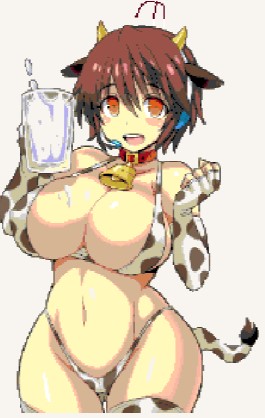 anime, anime girl, anime style, animestyle, brown hair, cow ears, cow girl, cow horns, cow print, cow print bikini, female, idolmaster, konno tohiro, milk, oikawa shizuku, orange eyes, pixel, pixel (artwork), pixel art, pixelated, wplace, wplace (artwork)