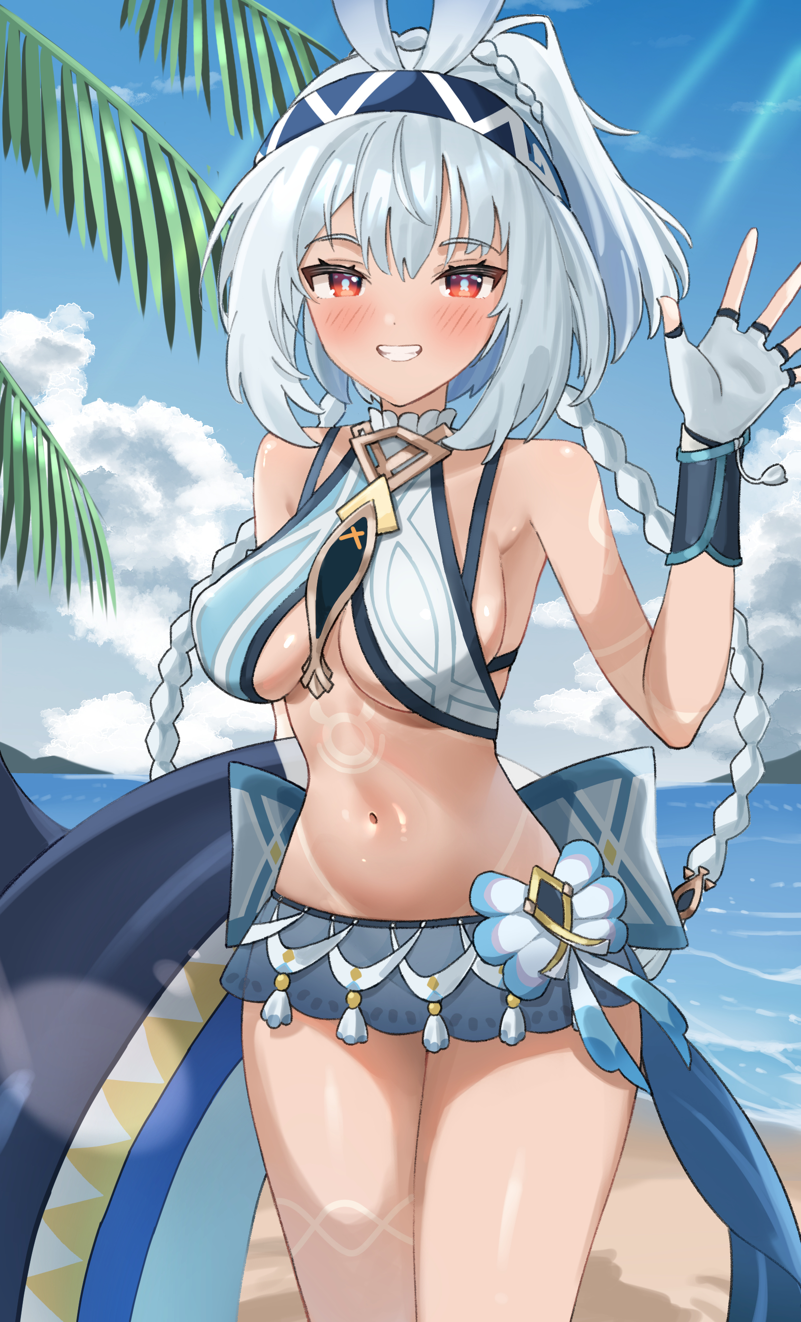 1girls, bare shoulders, beach, belly, big breasts, blush, braided hair, braided twintails, breasts, clothed, clothed female, female, female only, fingerless gloves, genshin impact, gloves, hairband, hi res, inflatable toy, jinmuxi (user pvha4443), kmos, long hair, long-haired female, looking at viewer, mualani (genshin impact), navel, red eyes, sideboob, smiling, solo, standing, stomach, swimsuit, tan skin, tan-skinned female, teeth, thighs, twintails, underboob, water, waving, white hair
