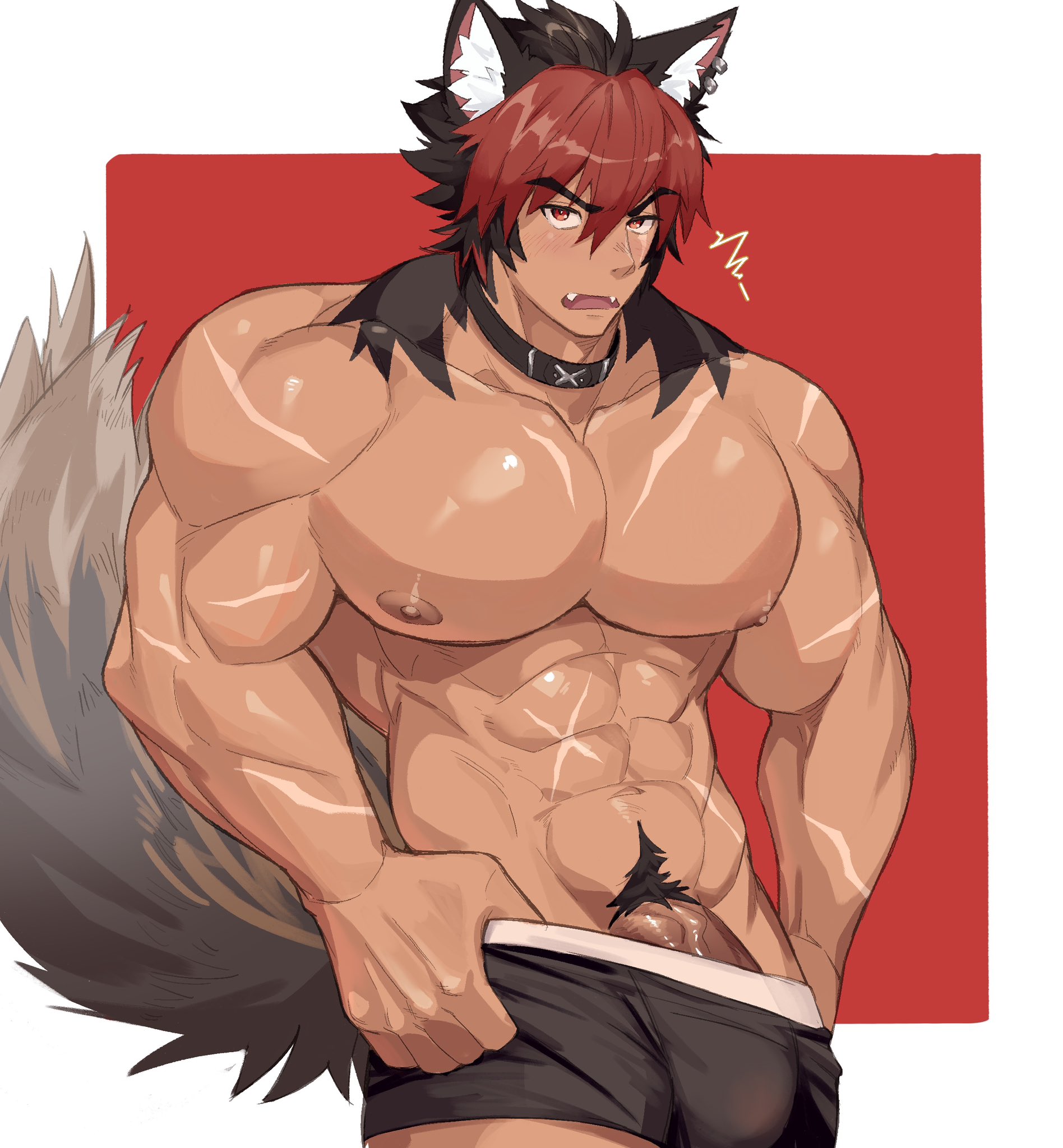 abs, animal ears, animal tail, bara, big pecs, boxers (clothing), bulge, flaccid, komano manato, looking at viewer, male, male focus, male only, male underwear, muscular, muscular male, nipples, pecs, penis, penis peek, pubes, pubic hair, rororouuuu, solo, solo focus, solo male, tail, underwear, underwear only, veiny penis, yaoi, zenless zone zero