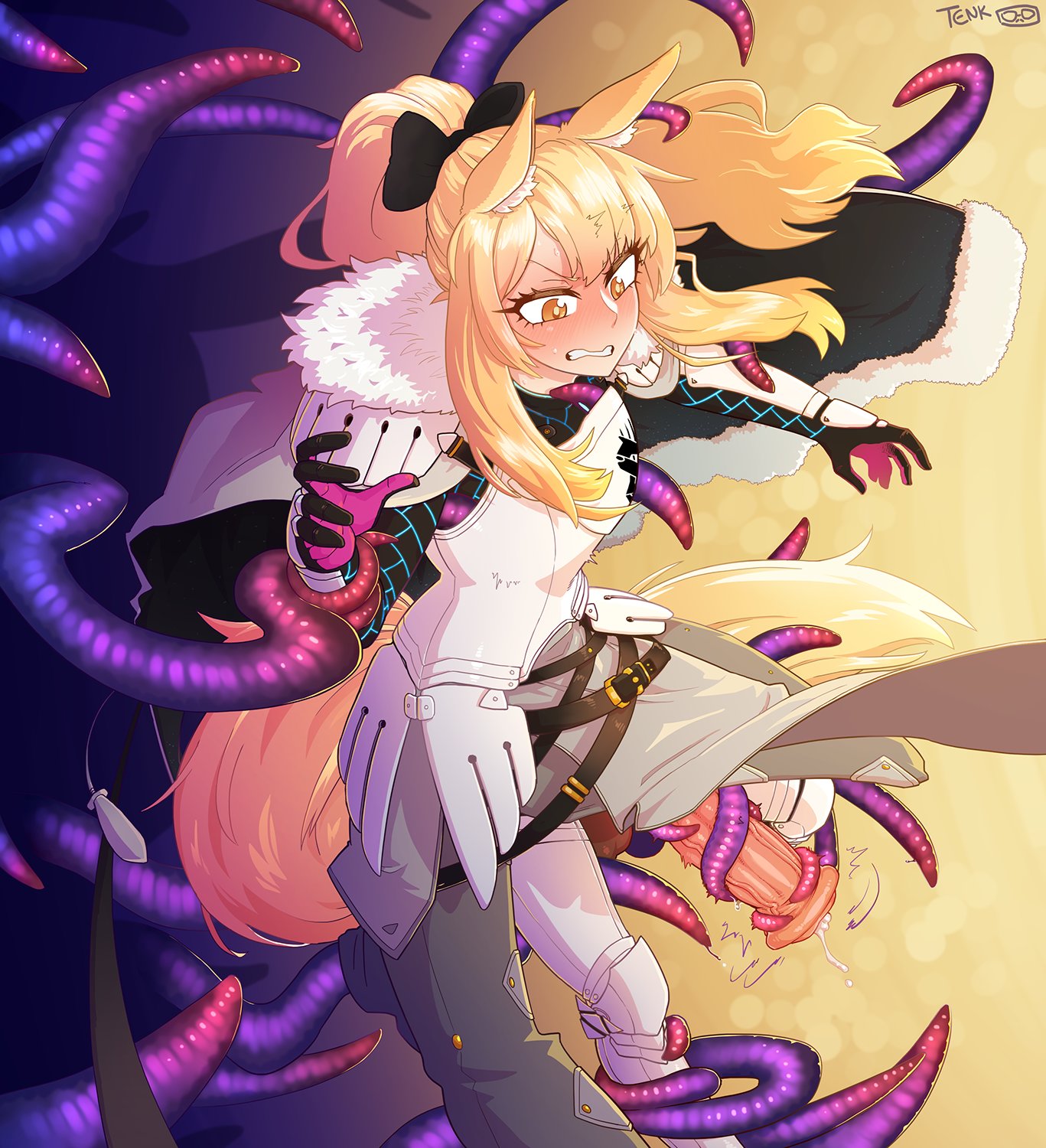 1futa, animal ears, animal genitalia, animal genitalia on humanoid, animal penis, arknights, armor, blemishine (arknights), blonde hair, clothed, clothing, erection, female, fully clothed, futa only, futanari, futasub, gloves, horse ears, horse girl, horse tail, horsecock, horsecock on humanoid, huge cock, humanoid, intersex, kemonomimi, light skin, light-skinned futa, long hair, penis, precum, restrained, solo, tentacle, tentacle rape, tentacle sex, tentaclejob, thetenk