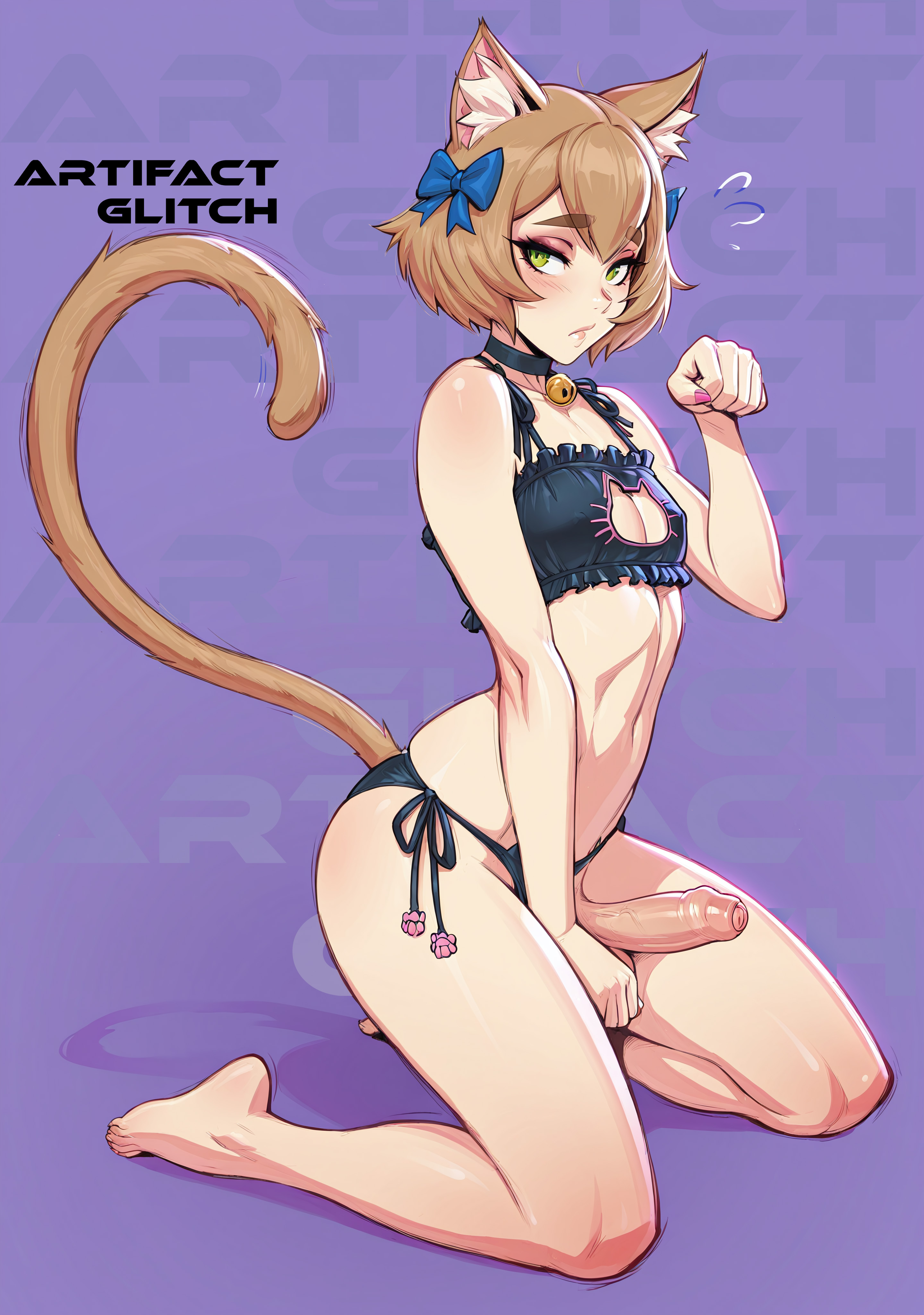 ai art, ai generated, artifactglitch, breast window, breasts, cat boy, cat lingerie, cat pose, catgirl, felix argyle, femboy, foreskin, male, male only, panties aside, penis, re:zero kara hajimeru isekai seikatsu, shy, solo, uncircumcised