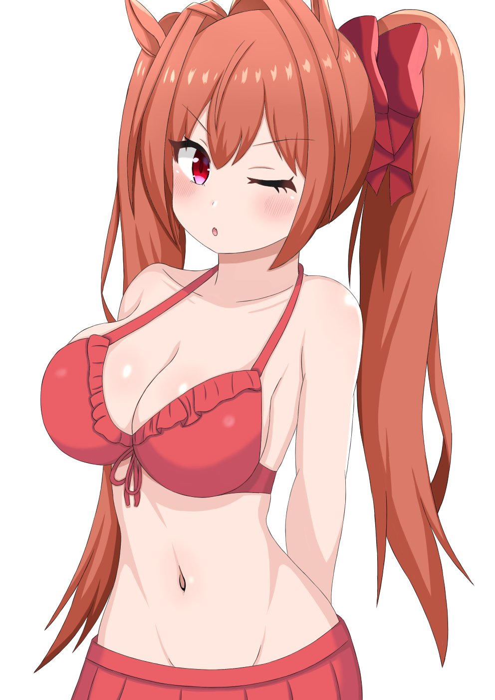 :o, 1girls, arm behind back, arms behind back, bare belly, bare chest, bare hands, bare midriff, bare navel, bare shoulders, belly, belly button, big breasts, bikini, bikini only, bikini top, blush, blush face, blushing at viewer, blushing female, breasts, brown eyebrows, brown hair, brown-haired female, busty, busty female, cleavage, collarbone, curvaceous, curvaceous body, curvaceous female, curvaceous figure, curvaceous hips, curvy, curvy body, curvy female, curvy figure, curvy hips, daiwa scarlet (umamusume), digital, digital art, digital drawing, digital drawing (artwork), digital media, digital media (artwork), exposed arms, exposed belly, exposed chest, exposed midriff, exposed navel, exposed shoulders, exposed skin, eye closed, eyebrows visible through hair, female, female focus, female only, frown, frown eyebrows, frowning, frowning at viewer, groin, hair between eyes, hair intakes, hair ribbon, hair tie, halterneck, hand behind back, hands behind back, high resolution, highres, hourglass figure, large boobs, large breasts, lean figure, long hair, looking at viewer, midriff, narrow waist, navel, one eye closed, one eye open, one-eye closed, open mouth, parted lips, piito (kamin), plump breasts, red bikini, red bikini top, red eyes, red hair ribbon, red hair tie, red ribbon, red swimsuit, red swimwear, red-eyed female, ribbon, shiny breasts, shiny hair, shiny shoulders, shiny skin, shoulders, sidelocks, simple background, slender body, slender waist, slim waist, solo, standing, swimsuit, swimwear, tongue, twintails, twintails (hairstyle), umamusume, umamusume pretty derby, upper body, white background, wide hips