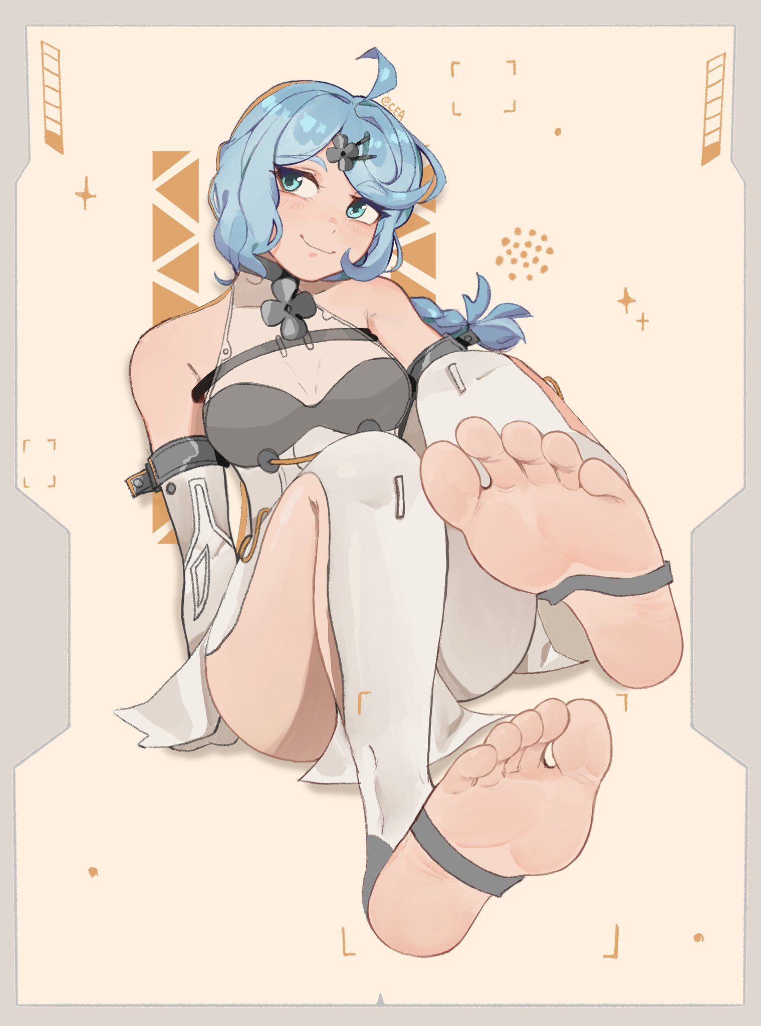 big ass, big butt, big titties, blue hair, breasts, curvaceous, curvaceous female, curvaceous figure, curvy, curvy figure, curvy hips, cyadraws, feet, feet focus, female, female focus, female only, foot fetish, mihoyo, seed (zenless zone zero), short hair, zenless zone zero