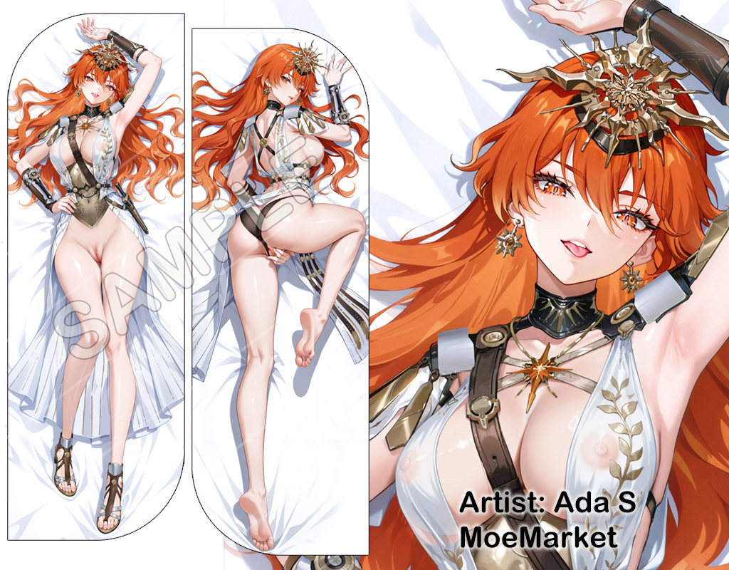 1girls, armpit, armpits, augusta (wuthering waves), barefoot, breasts, curvy hair, dakimakura, dakimakura design, female, hair ornament, looking at viewer, orange eyes, orange hair, pussy, solo, thighs, wuthering waves