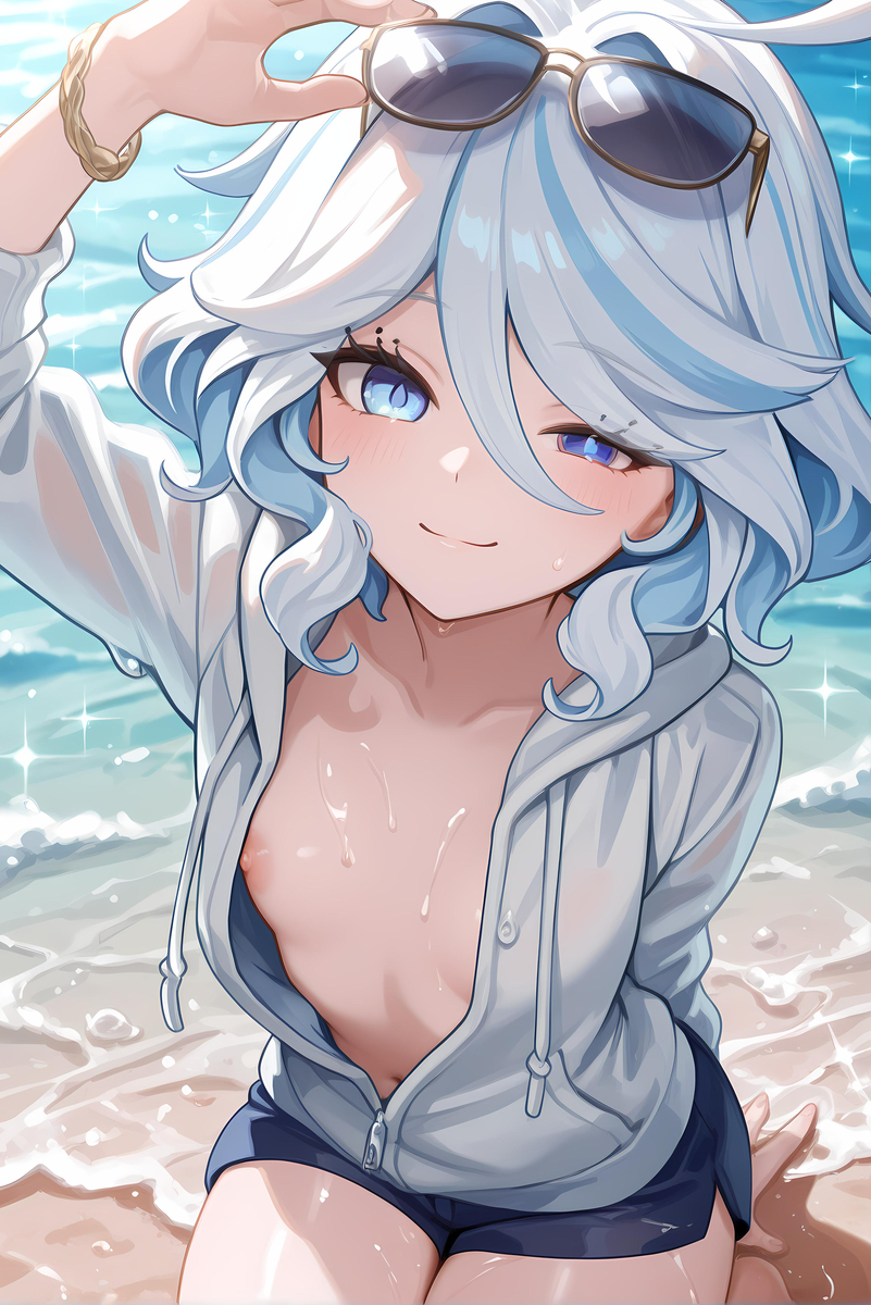 ai generated, aryarea, beach, blue eyes, blue hair, breasts, eyewear on head, female, furina (genshin impact), genshin impact, revealing breasts, revealing clothes, sunglasses, white hair
