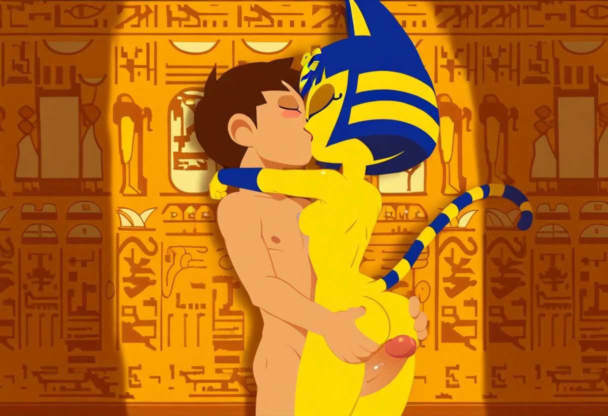 1girls, 2025, ai generated, animal crossing, ankha, ankha (animal crossing), background, breasts, cat ears, cat tail, civitai, d3rmal, dick, dick between legs, egyptian, enjoying, female, hard cock, hugging, kissing, male, medium breasts, naked, paws, penis, pink body, skinny, tagme, villager (animal crossing), yellow body