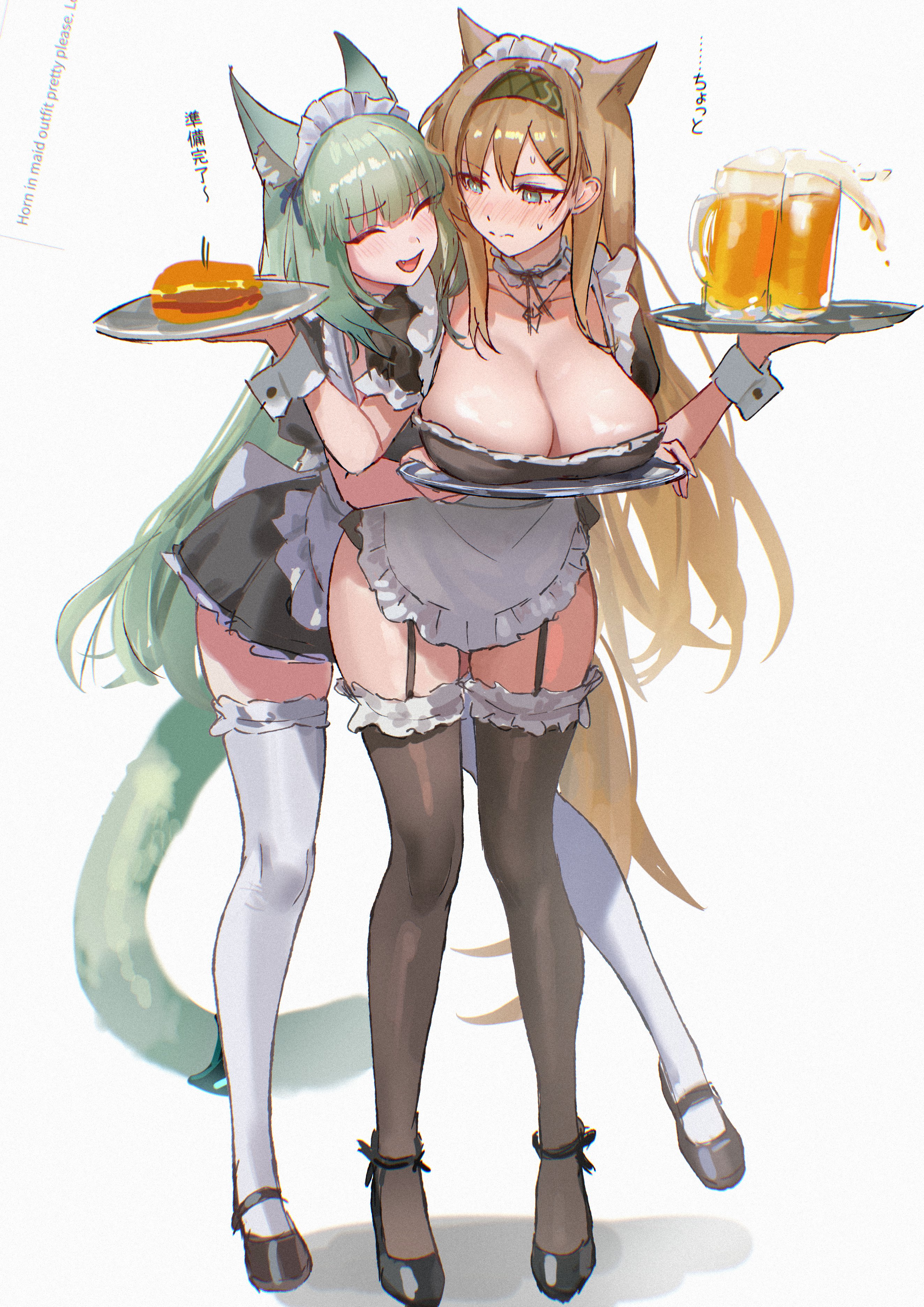 :d, 2girls, absurdres, alcohol, alternate costume, animal ears, apron, arknights, beer, beer mug, black garter straps, black shoes, black thighhighs, blush, breast rest, breasts, brown hair, burger, cat ears, cat girl, cat tail, chromatic aberration, cleavage, closed eyes, cup, enmaided, film grain, food, full body, garter straps, green hair, grey background, harmonie (arknights), highres, holding, horn (arknights), large breasts, long hair, maid, maid apron, maid headdress, mug, multiple girls, shoes, smile, tail, thighhighs, thighs, translated, uof, white thighhighs, yuri