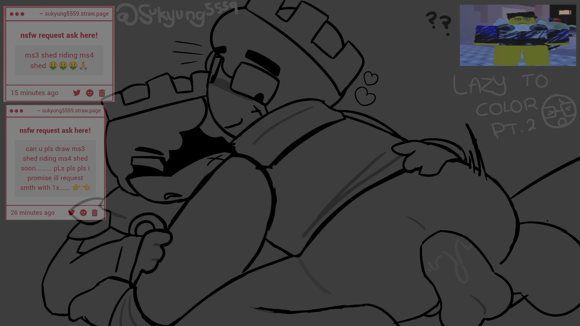 2boys, bottomless, bottomless male, crown, curly hair, forsaken (roblox), gay, gay sex, grey background, greyscale, image, male, male only, male/male, no color, penis, penis in ass, reference image, riding, riding penis, roblox, roblox game, robloxian, self upload, selfcest, shedcest, shedletsky, shedletsky (forsaken), square crossover, strawpage, strawpage request, sukyung5559, tagme, watermark