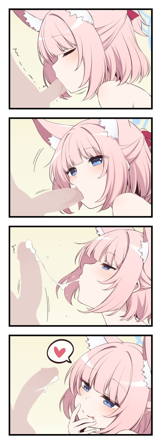 1boy, 4koma, animal ear fluff, animal ears, blue archive, blue eyes, blush, closed eyes, comic, commentary request, completely nude, cum, cum on body, cum on penis, cum string, fellatio, female, fox ears, halo, heart, highres, male, nagami yuu, niko (blue archive), nude, oral, penis, pink hair, spoken heart, straight, twitching