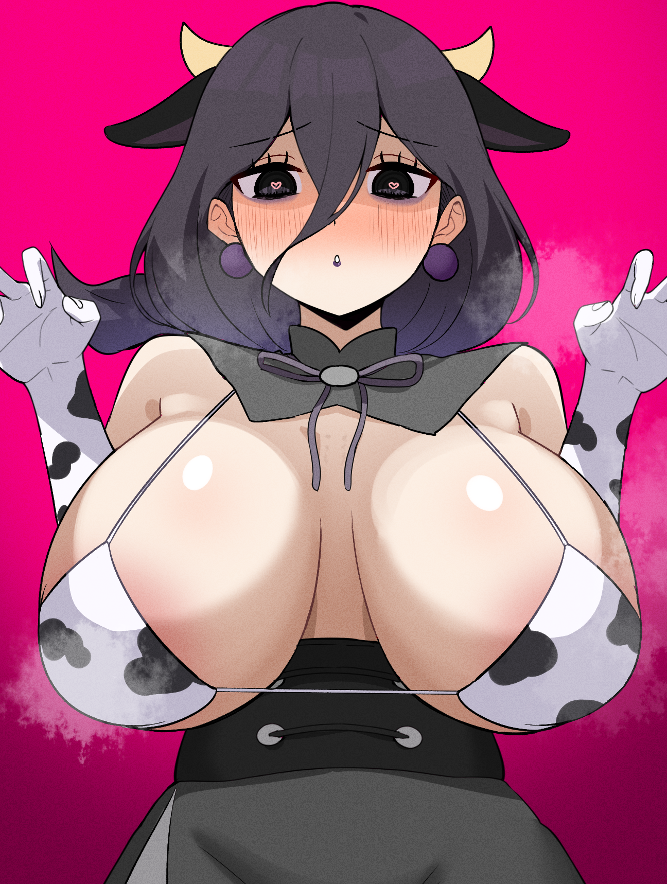1girls, alternate version available, armwear, big breasts, bikini top, black dress, black eyes, blush, breast focus, breasts, cleavage, clothing, cow ears, cow print, cow print armwear, cow print gloves, dress, ear piercing, earrings, elbow gloves, fake animal ears, female, female only, game freak, gloves, hair, heart-shaped pupils, hex maniac, hex maniac (pokemon legends: z-a), huge breasts, large breasts, lips, lipstick, okome (pixiv108949149), pink background, pokemon, pokemon legends: z-a, purple hair, purple lips, purple lipstick, solo, solo female, steam, steamy, topwear, upper body, upper body only