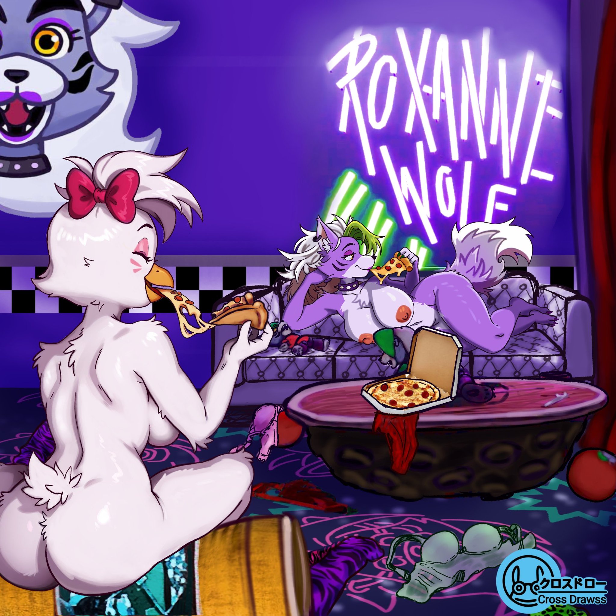 2girls, animatronic female, anthro, avian, avian humanoid, back view, big ass, big butt, big nipples, big thighs, big titties, bra on floor, bra on ground, breasts, casual, casual nudity, concert, crossdrawss, curvy, curvy figure, curvy hips, feathers, female, female focus, female only, five nights at freddy's, five nights at freddy's: security breach, fnaf, fur, furry, glamrock chica (fnaf), long hair, looking at viewer, looking back, microphone, nipples, nonsexual nudity, nude, nude female, pizza, pizza box, pizza slice, public, roxanne wolf (fnaf), tagme, thick thighs, video games, wholesome, wholesome nudity, wolf, wolf ears, wolf girl, wolf humanoid, wolf tail