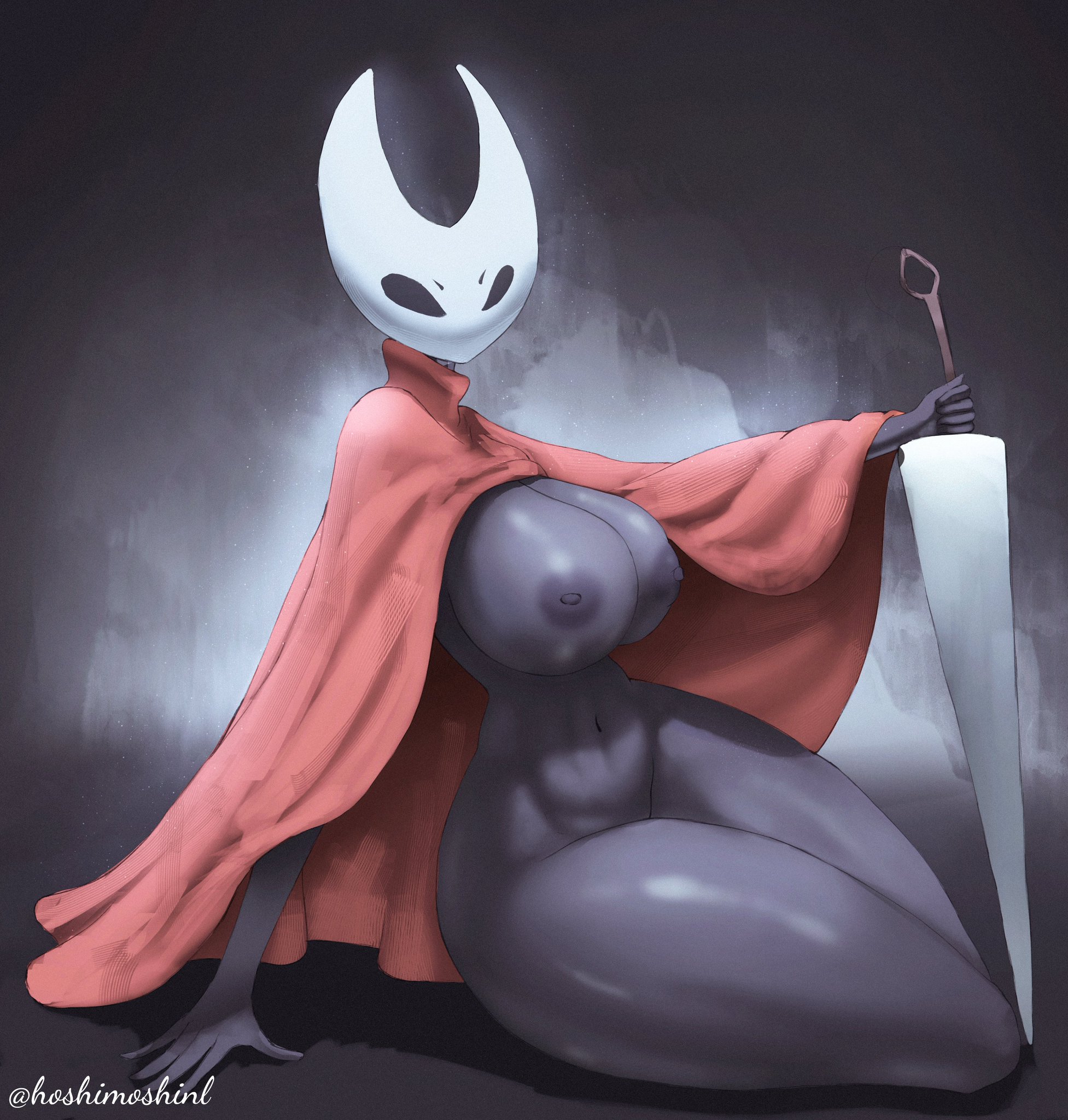 big ass, big breasts, big butt, big nipples, big thighs, black body, breasts, clothing, curvaceous, curvaceous female, curvaceous figure, curvy, curvy figure, curvy hips, female, female focus, female only, hollow knight, hollow knight: silksong, hornet (hollow knight), hoshimoshinl, looking at viewer, nipples, nude, nude female