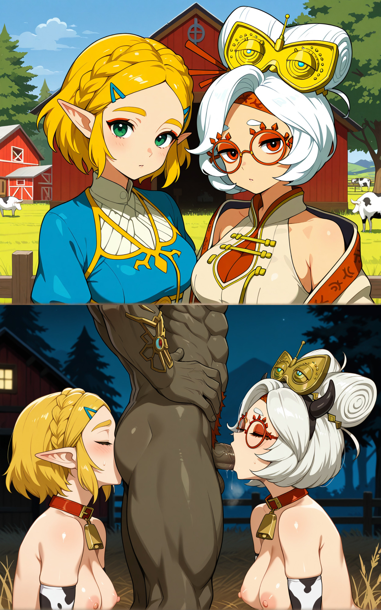 1boy, 2girls, 2koma, ai generated, bad end, balls, bare shoulders, barn, blonde hair, blowjob, blue plate special, breasts, broken rape victim, captured heroine, closed eyes, closed mouth, collar, corrupted, corruption, cow girl, cow print, cowbell, cows, day, day night shift, elbow gloves, elf ears, eyeshadow, fake horns, farm, fellatio, female, femsub, ffm, ffm threesome, ganondorf, glasses, green eyes, group, group sex, hair ornament, hairclip, hands on hips, instant loss 2koma, juxtaposition, looking at viewer, male, mind break, muscular, muscular male, naked, night, nipples, notreallyhere, nude, off shoulder, oral, oral sandwich, outdoors, parted bangs, partial male, penis, princess zelda, purah, purah (tears of the kingdom), rape, red eyes, red eyeshadow, rimming, short hair, sidelocks, tears of the kingdom, testicles, the legend of zelda, threesome, time skip, white hair, zelda (tears of the kingdom)