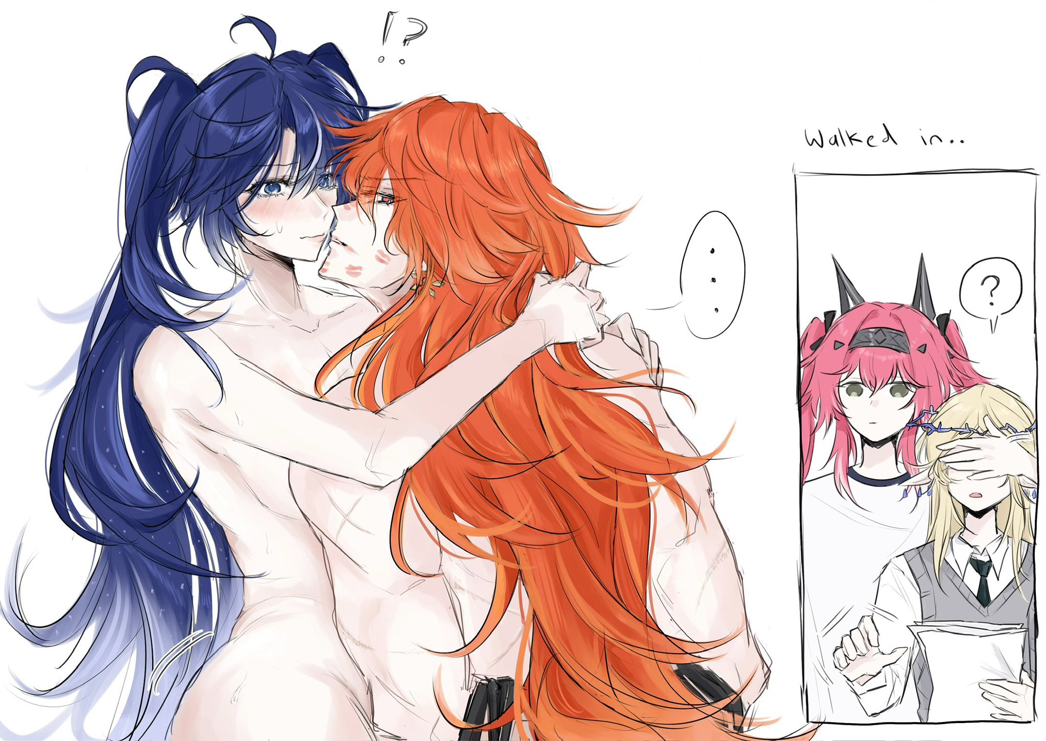 augusta (wuthering waves), back view, blush, cartethyia (wuthering waves), caught, caught in the act, dominant female, female, female focus, female only, iuno (wuthering waves), kiss mark, larger female, long hair, lupa (wuthering waves), mgcherry 03, muscular, muscular female, red hair, redhead female, shorter female, sitting, sitting on lap, sitting on person, skirt, smaller female, submissive female, taller female, thighs, wuthering waves, yuri