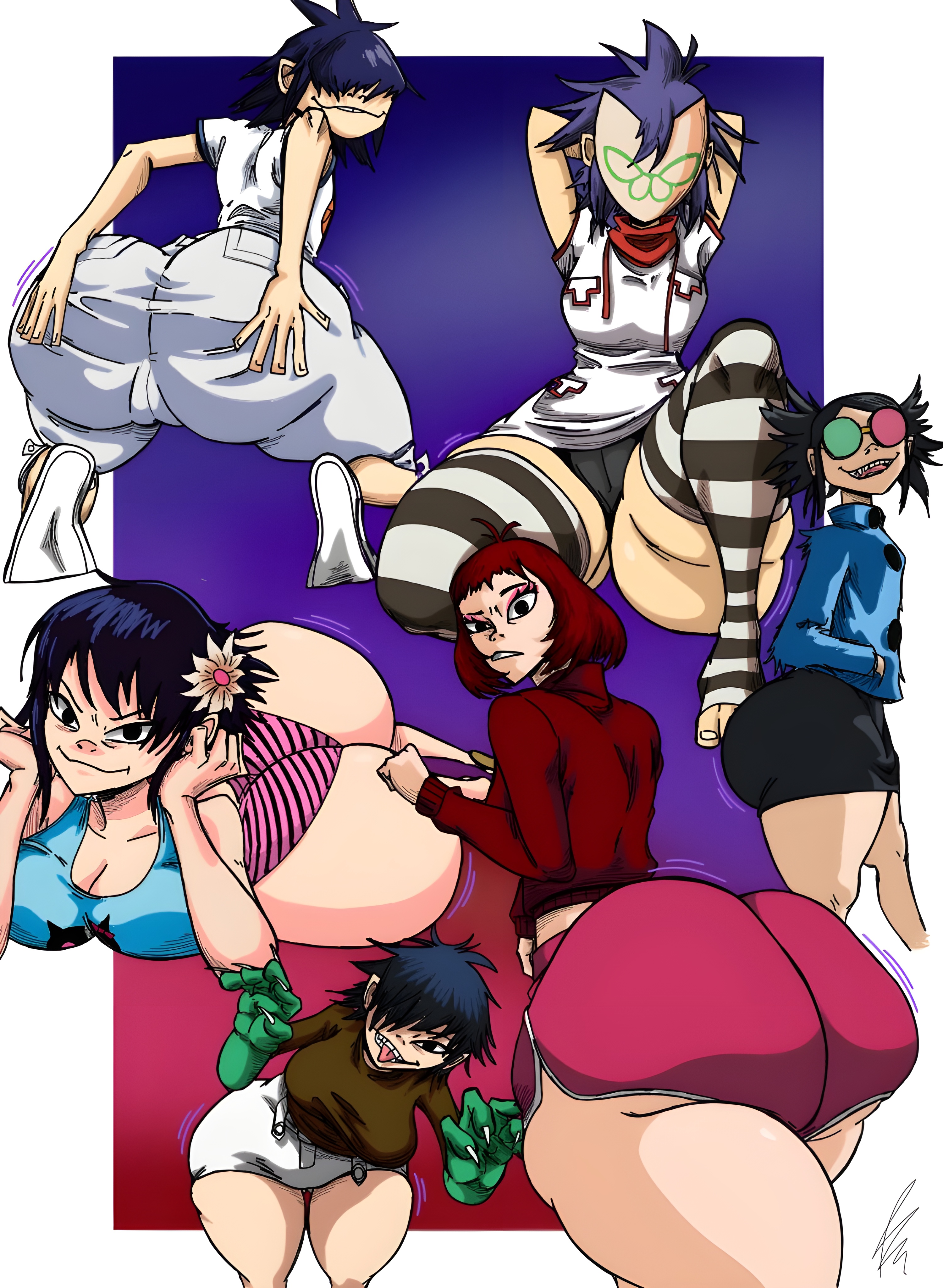 1girls, 2d, ass, back view, bangs, bendraws, big ass, big breasts, blue hair, breasts, color, dolphin shorts, fat ass, female, female only, flashing panties, glasses, gorillaz, hair over eyes, hands behind head, huge ass, laying on ground, looking at viewer, mask, massive ass, multiple outfits, noodle (cracker island), noodle (dare), noodle (desole), noodle (gorillaz), noodle (humility), noodle (plastic beach), noodle (saturnz barz), on knees, on one knee, panties, short hair, short shorts, short skirt, side view, skirt, smile, solo, spread ass, spread legs, striped panties, thick thighs, thighhighs, tongue out, wobbling ass