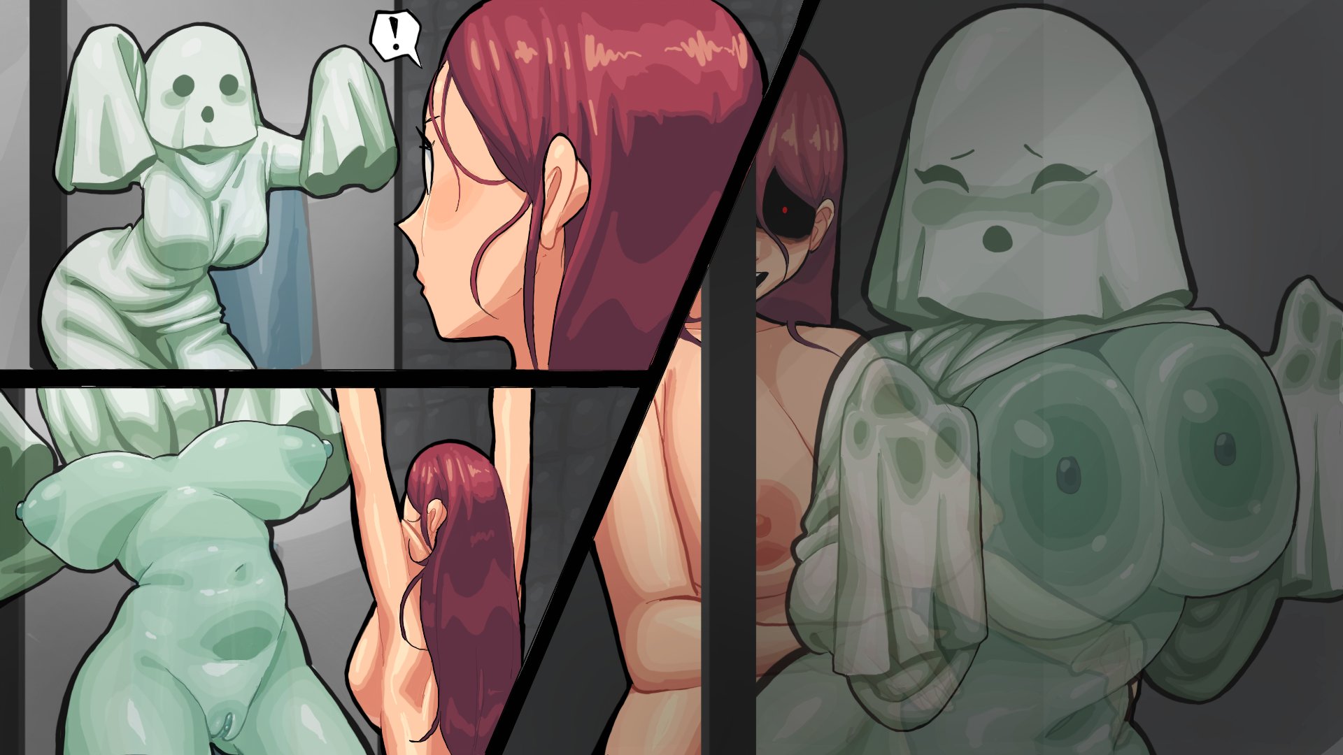 1futa, 1girl1futa, 1girls, background, big breasts, breasts, clothed, clothing, comic panel, duo, female, fully clothed, futa on female, futanari, ghost, ghost girl, huge breasts, human, humanoid, intersex, light skin, light-skinned futa, mostly nude, paranormal, red hair, sex, shadowed eyes, sheet ghost, shower, shower sex, thick thighs, transparent body, tsuki su, wide hips