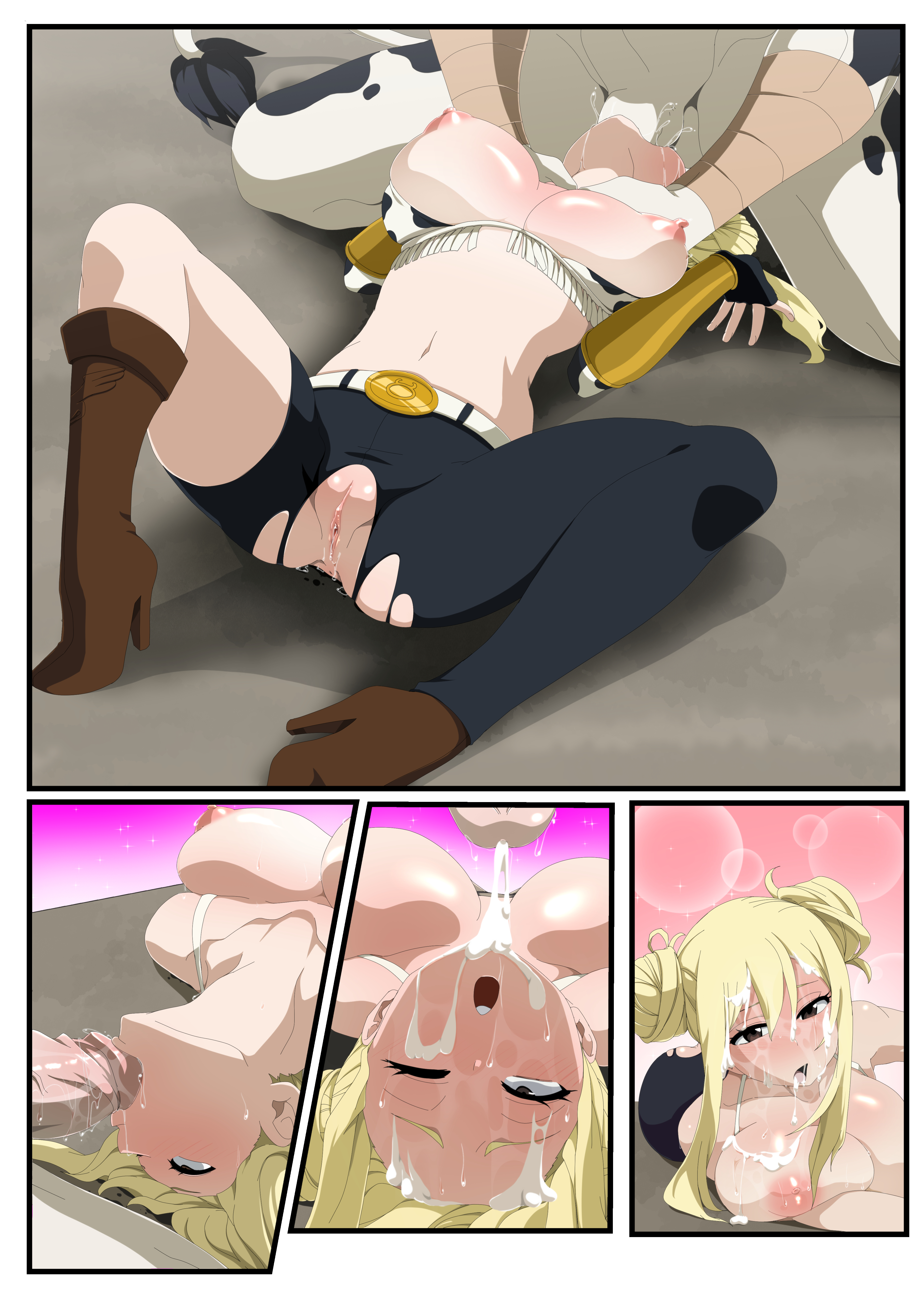 1boy, 1girls, anthro, aroused, big penis, blonde hair, blush, cow girl, cow print, cow print bikini, cowboy tanaka, cum in mouth, cum in throat, cum on face, deepthroat, excited, fairy tail, fellatio, female, femsub, furry, furry male, furry with non-furry, human, human female, human on anthro, interspecies, irrumatio, large breasts, lexus (artist), light-skinned female, looking pleasured, lucy heartfilia, male, maledom, minotaur, navel, neck grab, nipples, on back, oral, penis, slim waist, spread legs, sword swallowing position, taurus (fairy tail), teenager, teratophilia, throat fuck, throat swabbing, uncensored
