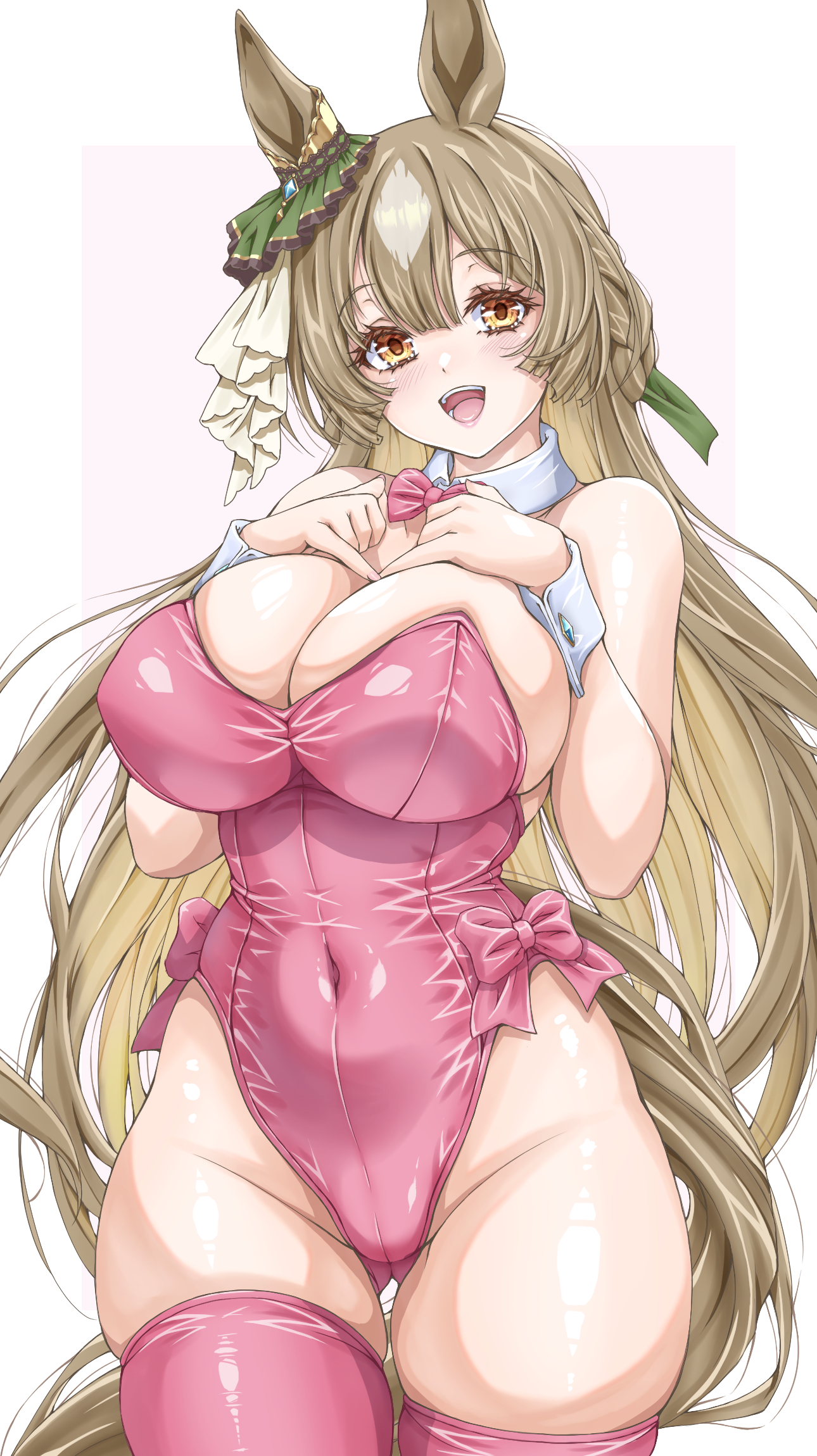 :d, 1girls, blush, breasts, cleavage, female, gluteal fold, hands on breasts, happy, large breasts, leotard, lips, looking at viewer, navel, navel outline, pink leotard, pink thighhighs, satono diamond (umamusume), solo, teeth, thick thighs, thighhighs, umamusume, wide hips