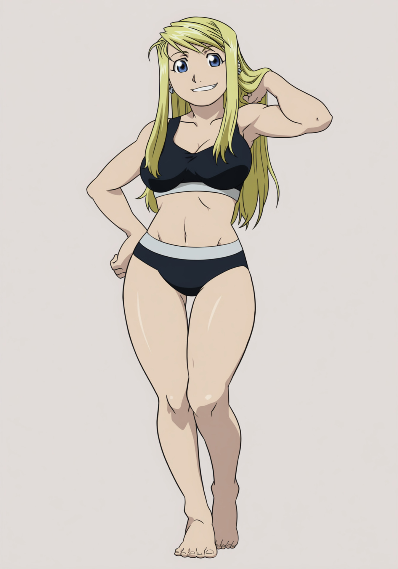 1girls, abasta, ai generated, barefoot, belly button, big boobs, big breasts, black topwear, blacked, blacked clothing, blonde, blonde female, blonde hair, blonde hair female, blonde-haired female, blue eyes, blue eyes female, boobs, breasts, cleavage, earring, earrings, feet, female, female focus, female only, fullmetal alchemist, hand on hip, happy, legs, light skin, light-skinned female, long hair, long hair female, lustful gaze, posing, pov, pushing hair back, sidelocks, silver earring, silver earrings, smile, smug, solo, solo female, solo focus, thighs, winry rockbell