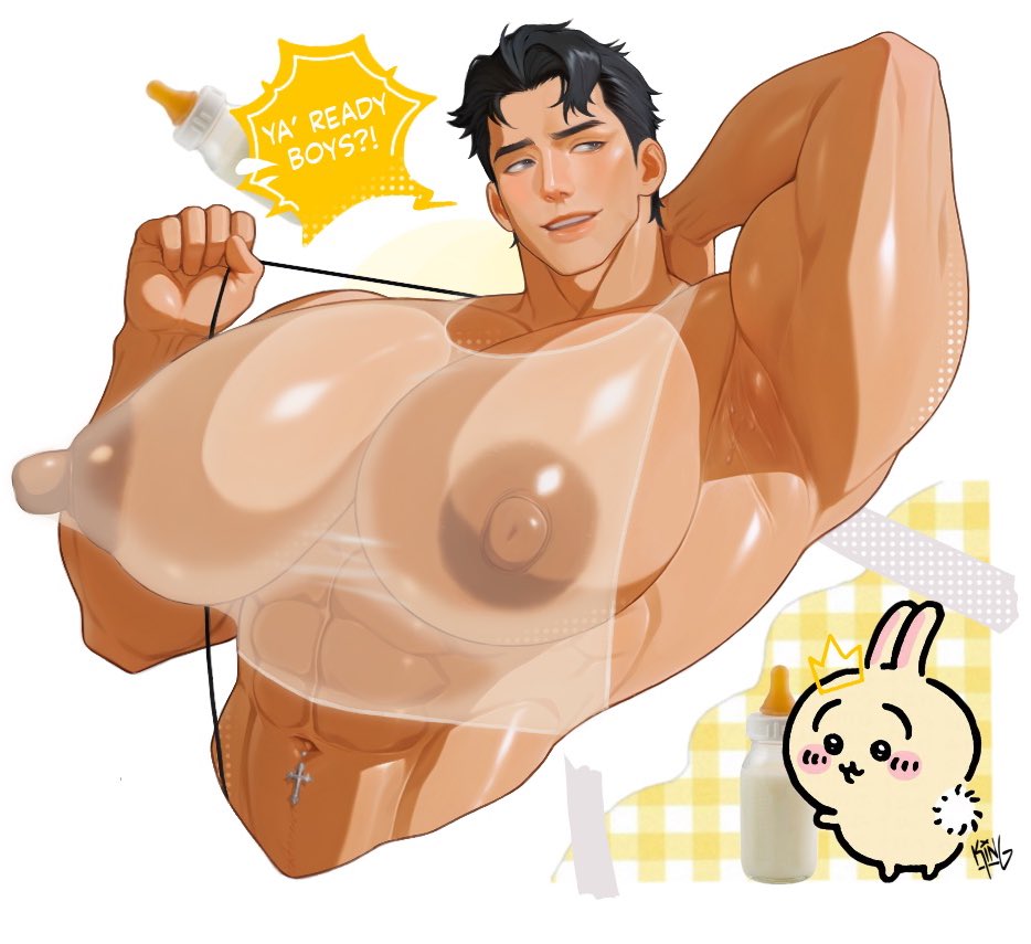 abs, alternate version available, arm up, armpit, bara, bara tiddies, bara tits, big breasts, big pecs, breasts, busty, busty male, chest, chiikawa, dadbulge, daddy, dadpecs, dilf, erect nipples, femboy, femboy dilf, gay, huge chest, kxing, male, male breasts, male focus, male only, male with breasts, mature male, muscular, muscular male, nipples, pecs, solo, solo focus, solo male, tank top, transparent clothing, usagi (chiikawa), yaoi