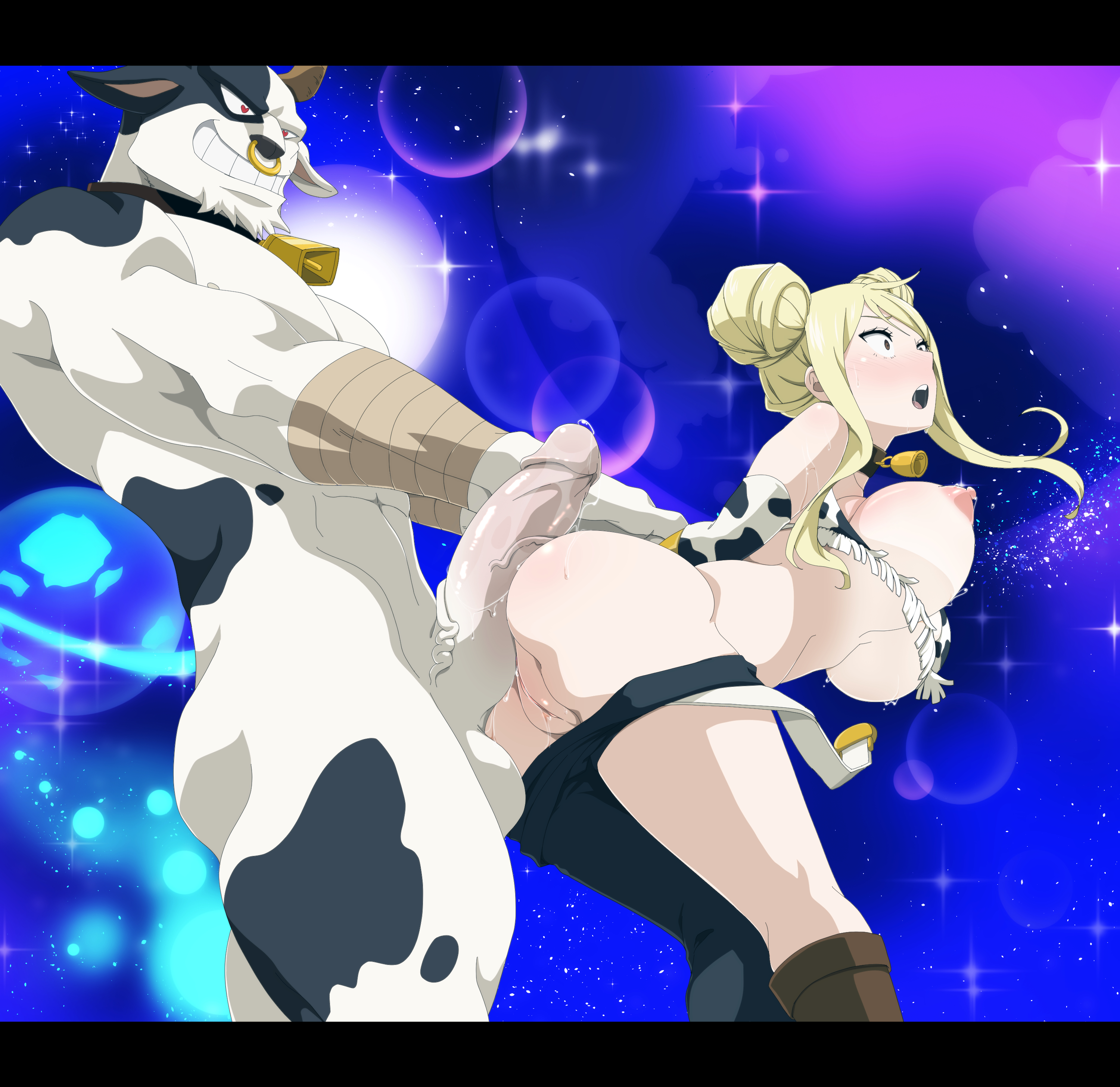 blonde hair, cow girl, cow print, cow print bikini, cowboy tanaka, fairy tail, female, furry, furry male, furry with non-furry, imminent penetration, imminent sex, interspecies, lexus (artist), lucy heartfilia, male, penis, penis on ass, taurus (fairy tail), uncensored