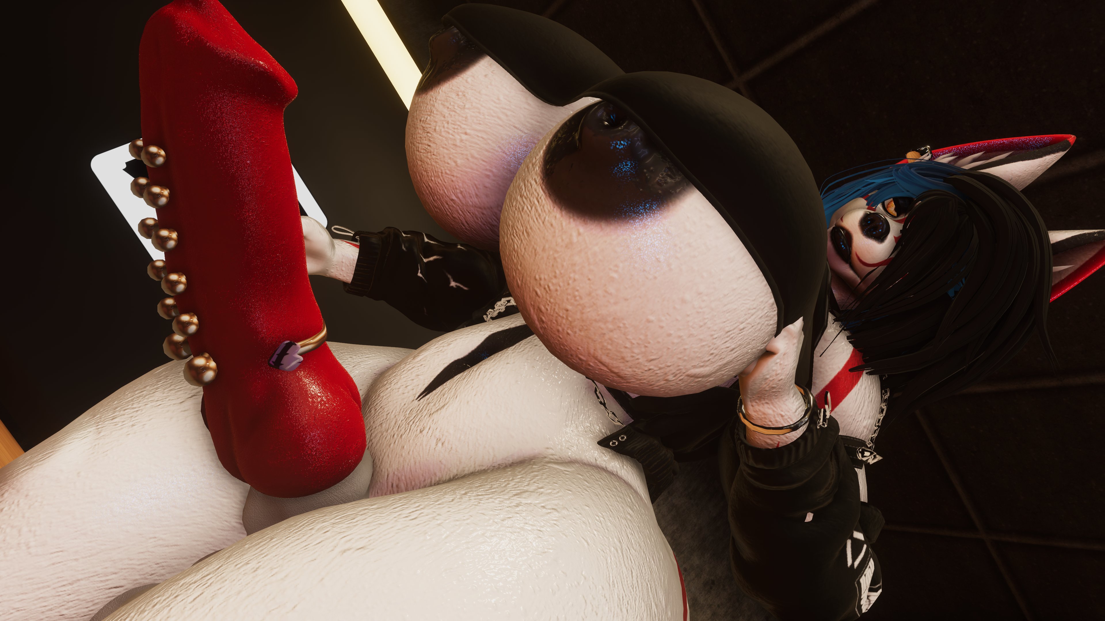 1futa, 3d, anthro, areolae, bottomless, fox, furry, futa only, futanari, intersex, low-angle view, pierced genitals, piercing, side view, sloppydragons, solo focus, tagme, vrchat, white body