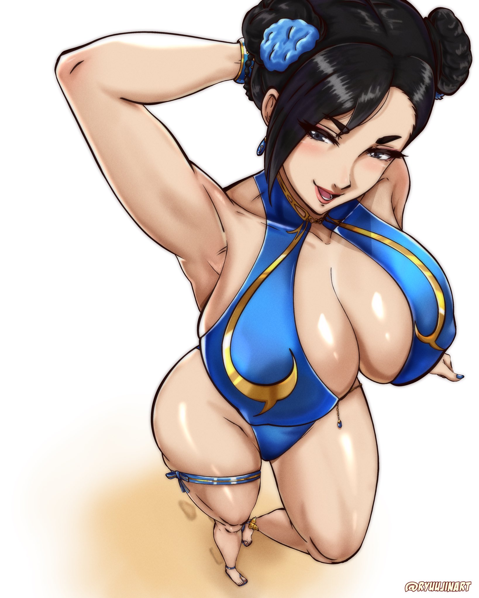 ass, big ass, big breasts, big butt, big thighs, big titties, bikini, breasts, brown hair, capcom, chun-li, curvaceous, curvaceous female, curvaceous figure, curvy, curvy figure, curvy hips, female, female focus, female only, jerkoff material, looking at viewer, ryuujinart, short hair, street fighter, too thick