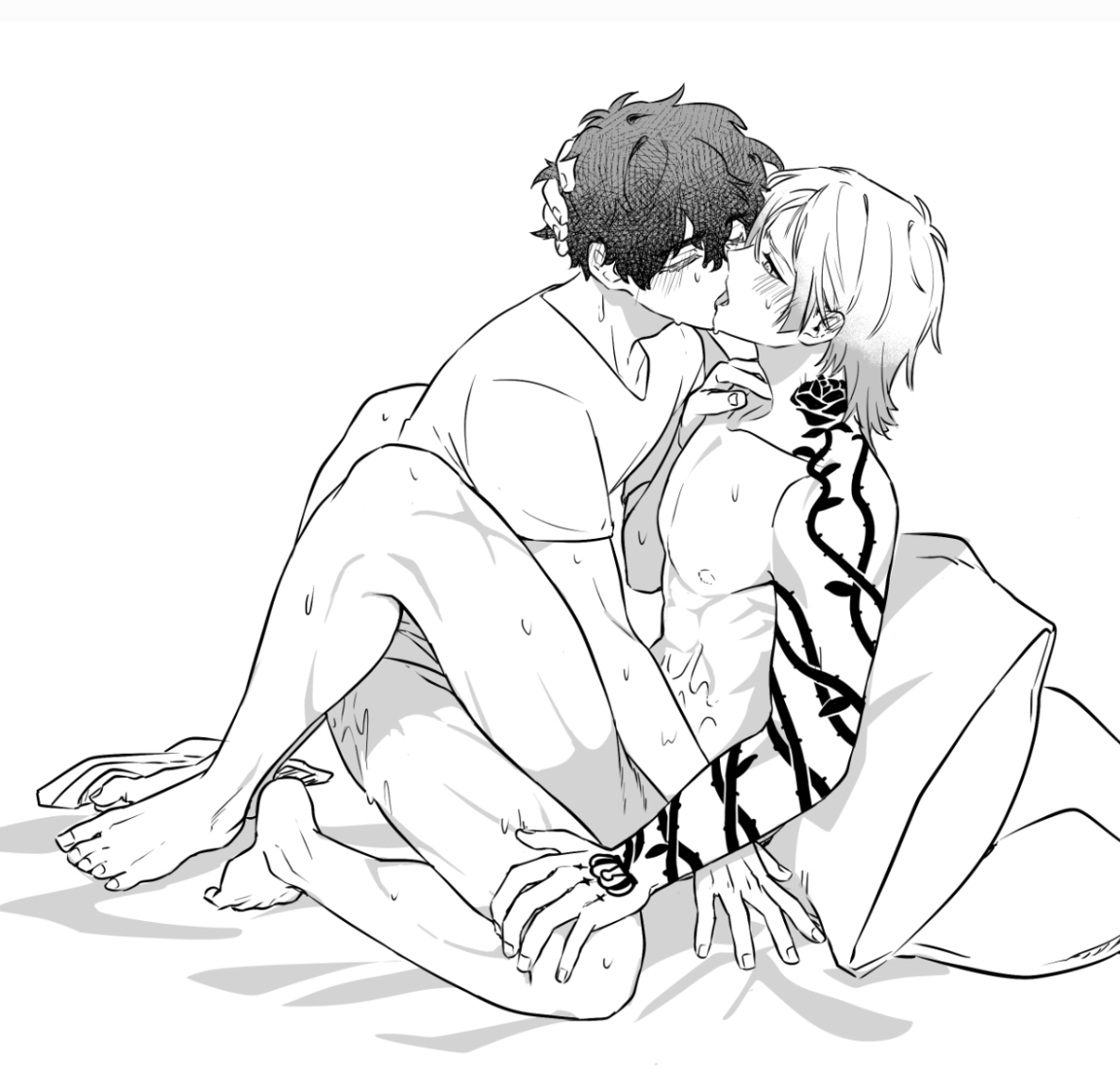 2boys, abs, alexis ness, bed, blue lock, blush, collarbone, femboy thighs, gay, grabbing hair, grabbing head, hand on thigh, hug, hugging, kaiser michael, kissing, kissing while penetrated, male, michael kaiser, muscular, muscular male, nipple, nipples, pants on floor, pants removed, pillow, sex, shirt, sub, submissive, submissive male, sweat, sweating, sweaty, switch, t-shirt, tattoo, tattooed arm, twink, twink top, underwear aside, underwear on floor, underwear removed, wholesome, wholesome sex, yaoi