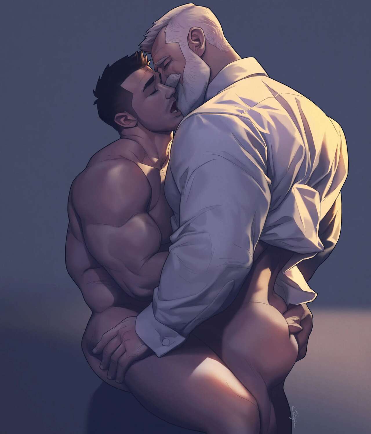 2boys bottomless boyfriends butt_grab gay male male_only men_kissing muscles muscular muscular_male silverjow twitter_user_oc ulric_(silverjow) wei_(silverjow)