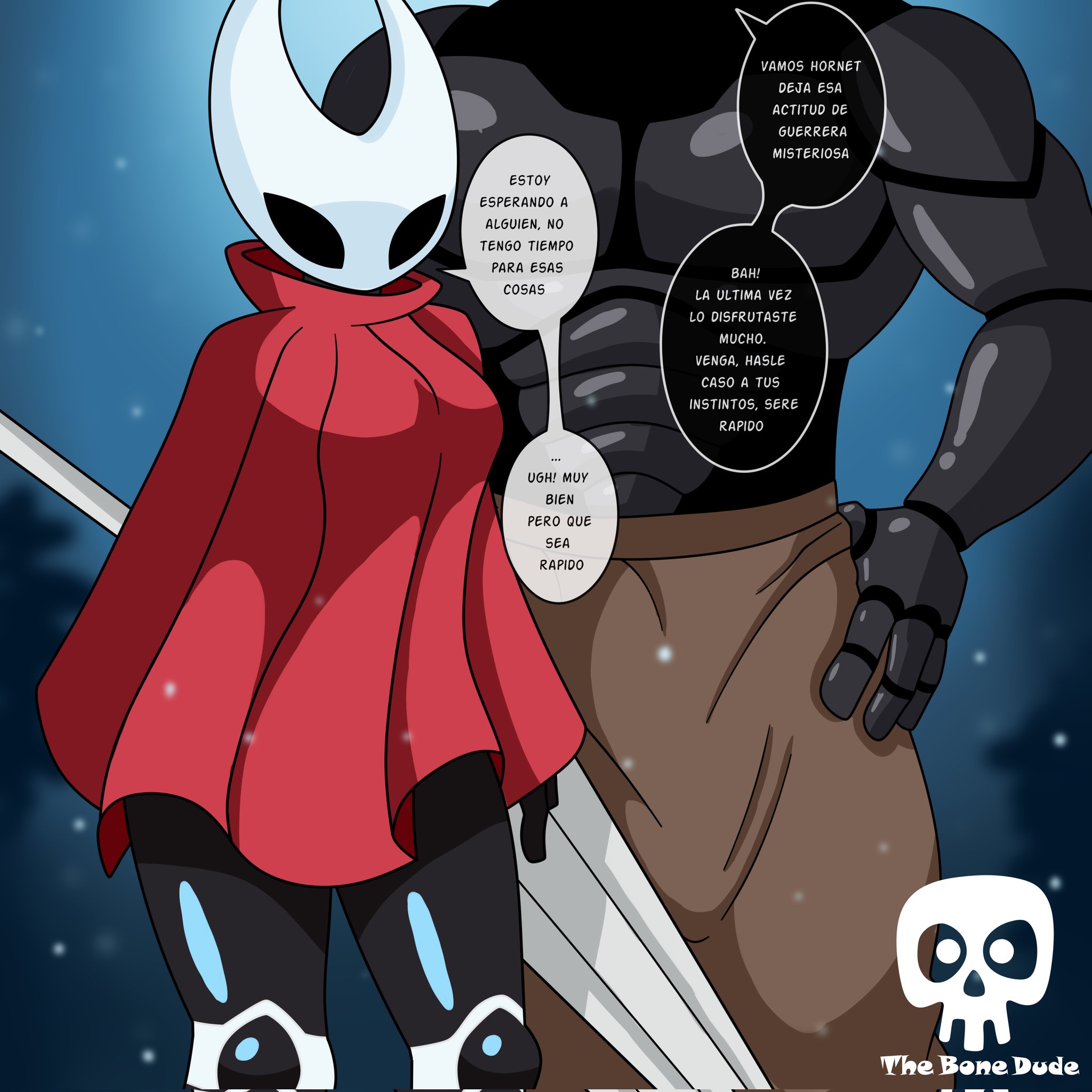 1boy, 1boy1girl, 1girls, arthropod, arthropod humanoid, big breasts, big thighs, breasts, bug girl, cloak, cock, dark skin, dark-skinned female, dark-skinned male, dirty talk, erection, erection under clothes, female, hollow knight, hollow knight: silksong, hornet (hollow knight), huge breasts, huge cock, huge thighs, inminent sex, male, mask, muscles, muscular, muscular male, pants, penis, size difference, spanish text, text, text bubble, the bone dude, thick legs, thick penis, thick thighs, weapon