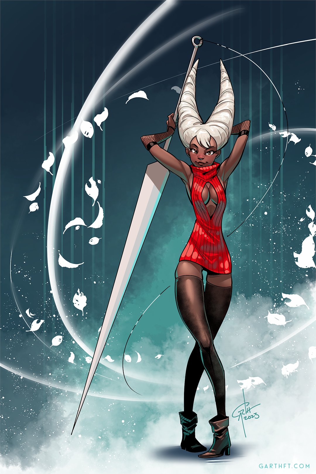 1girls, 2023, ankle boots, black thighhighs, blush, boots, breasts, brown eyes, brown lips, cleavage, cleavage cutout, clothed, dark skin, dark-skinned female, female, fishnet sleeves, fishnets, garth graham, garthft, grey hair, hair horns, heel boots, hollow knight, hollow knight: silksong, hornet (hollow knight), huge weapon, human, humanized, long hair, looking at viewer, medium breasts, no bra, nose, petals, red dress, ribbed dress, solo, sweater dress, temporalwolf, thighhighs, virgin killer sweater, weapon, zettai ryouiki