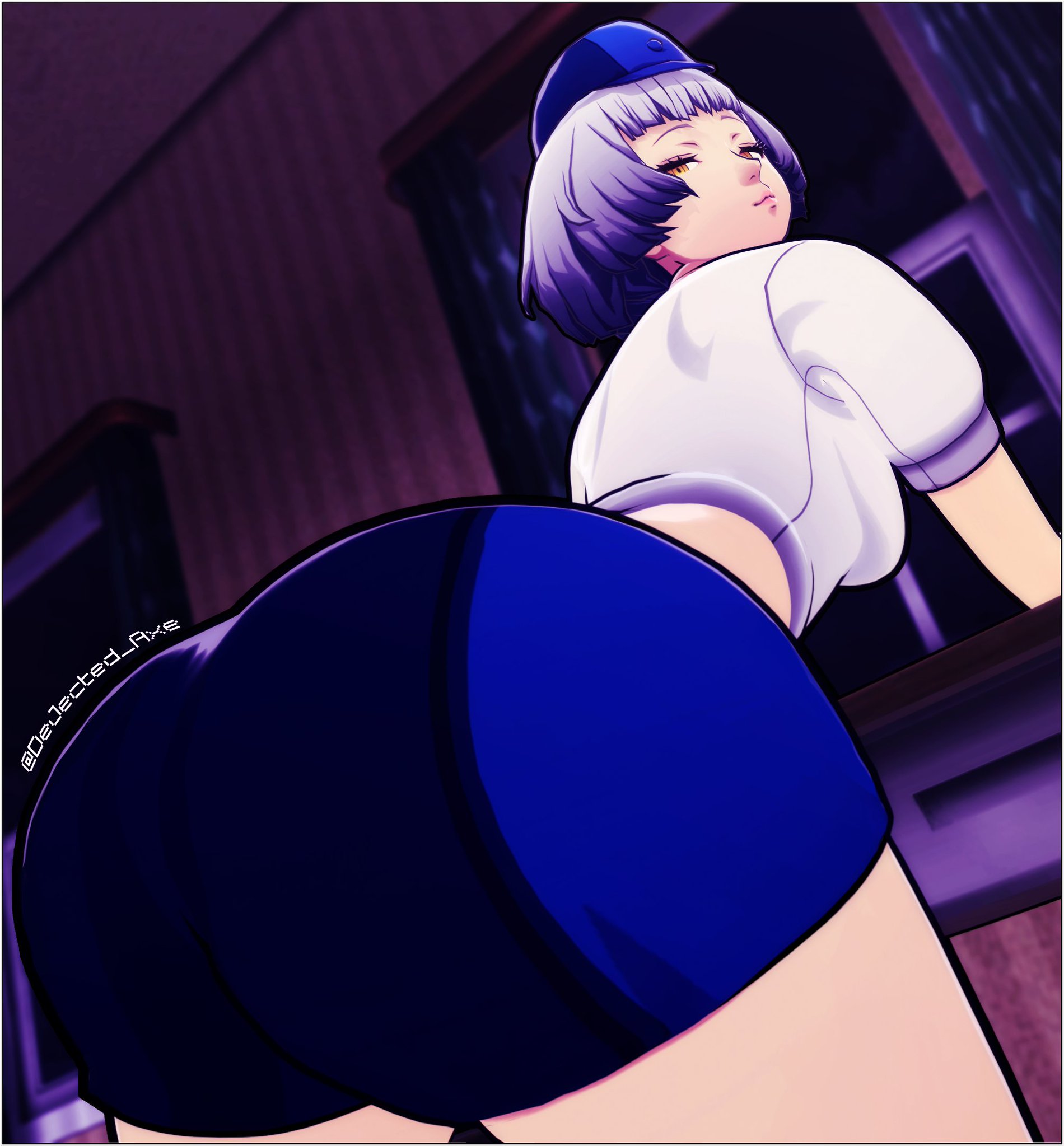 3d, 3d (artwork), ass, ass focus, atlus, bedroom, big ass, clothed, clothing, dejected axe, elizabeth (persona), fat ass, huge ass, looking back, persona, persona 3, thick thighs