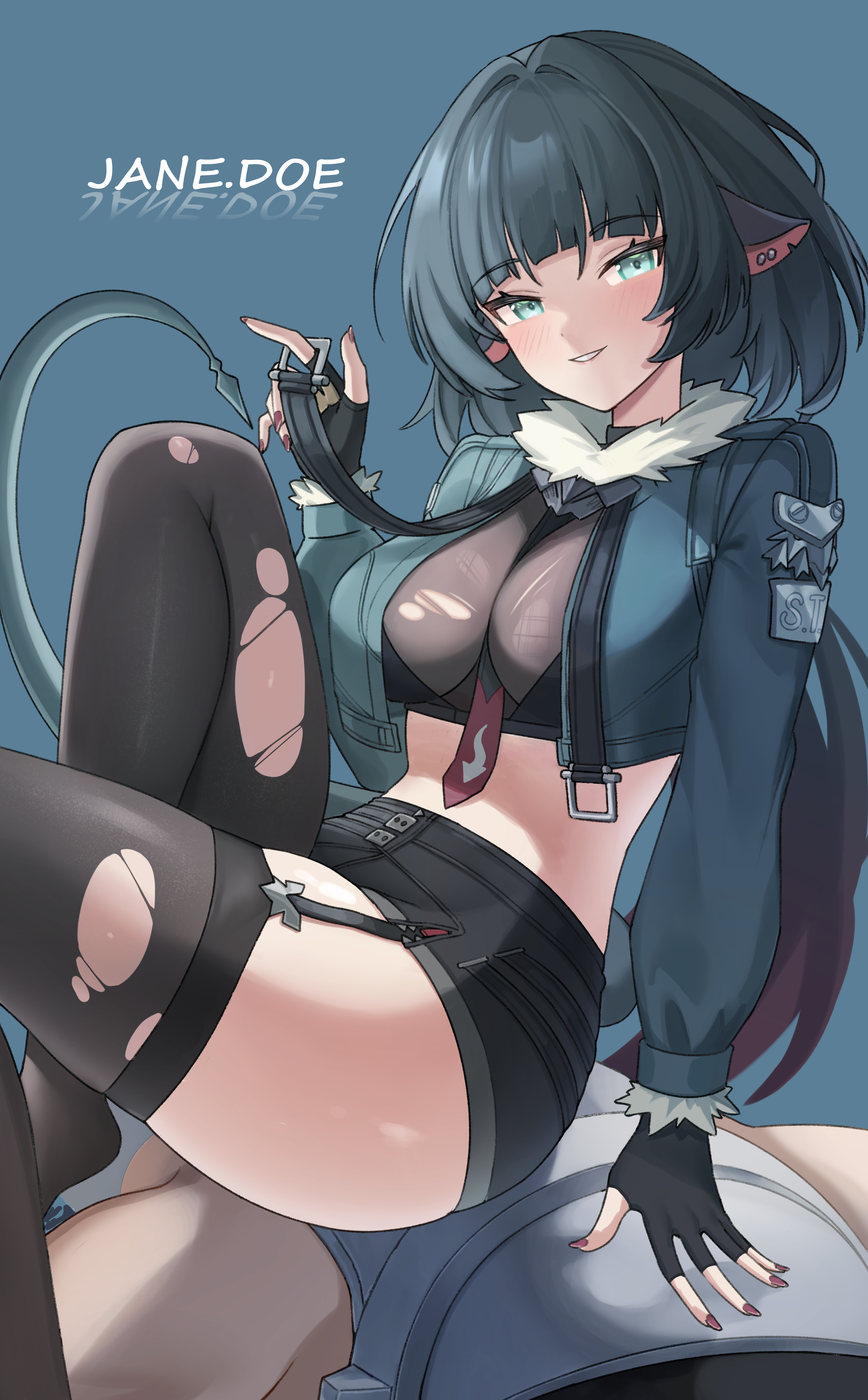 1girls, absurd res, animal ears, big breasts, black hair, blush, breasts, cleavage, clothed, clothed female, crop top, cropped jacket, female, female focus, fingerless gloves, garter straps, gloves, green eyes, hi res, hoyoverse, jane doe (zenless zone zero), jinmuxi (user pvha4443), kmos, light skin, light-skinned female, long hair, long-haired female, looking at viewer, mihoyo, new eridu public security, purple nails, rat girl, ripped clothing, ripped stockings, see-through, shorts, sitting, sitting on person, solo focus, stockings, tail, text, thick thighs, thighhighs, thighs, thiren, tie, zenless zone zero