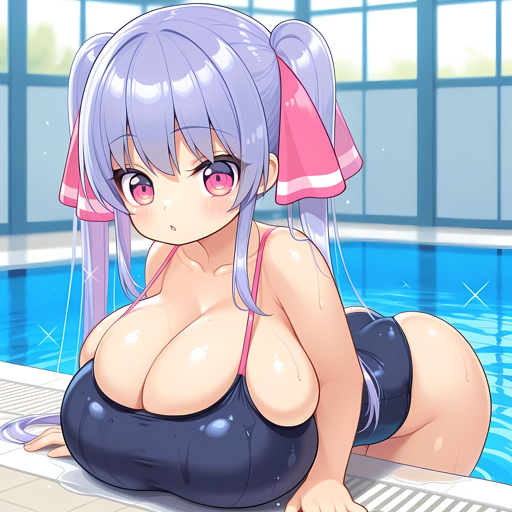 :o, adorable, ai generated, arched back, bent over, big breasts, blue hair, blush, breasts, bubble butt, cleavage, collarbone, cute, female, huge breasts, long hair, looking at viewer, o.o, one piece swimsuit, pink eyes, pool, riko (shuz), round ass, shiny hair, shiny skin, shortstack, solo, swimsuit, thick thighs, twintails, wet body, wet hair, wet skin, wide hips, yodayo