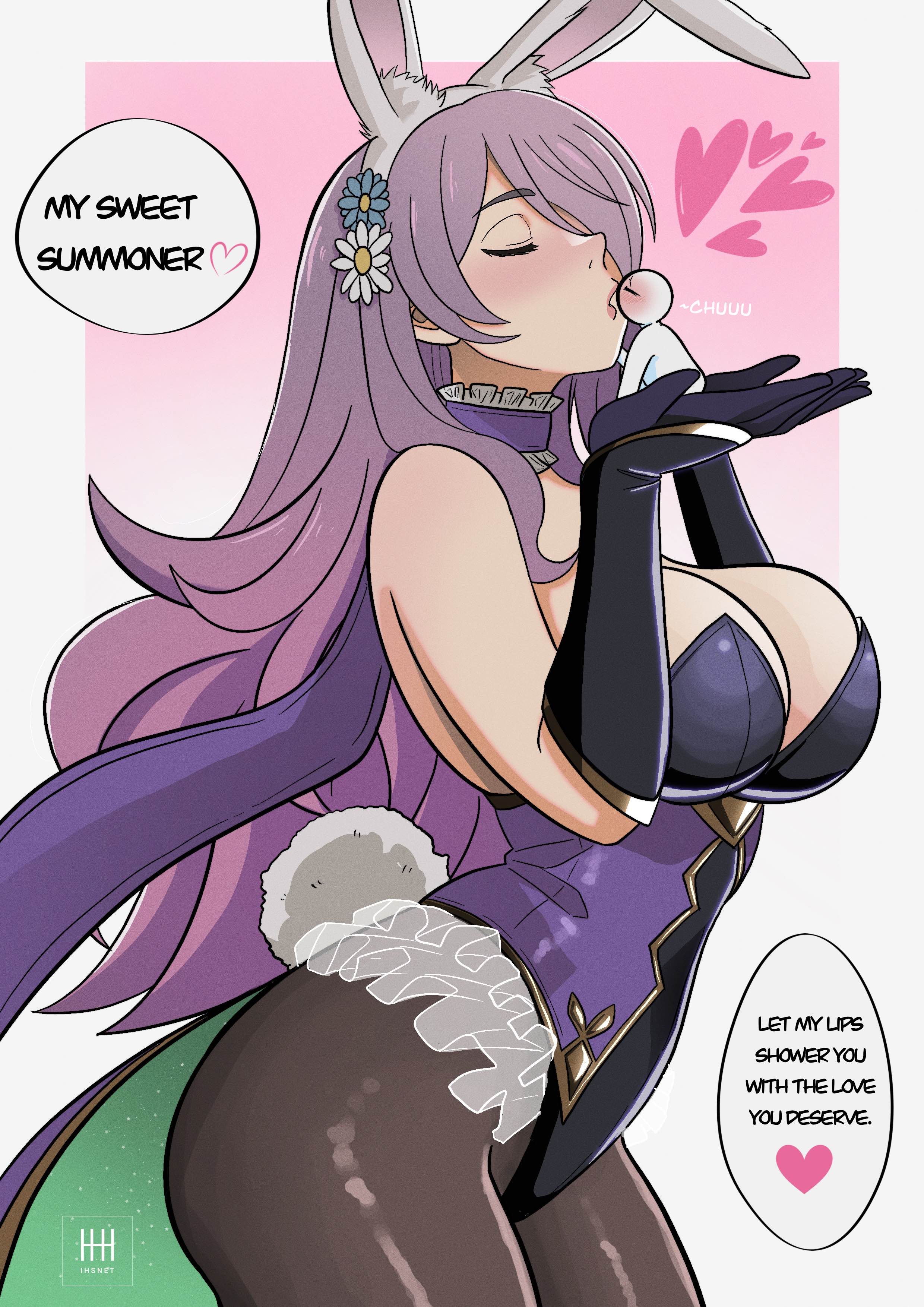 big breasts, black gloves, breasts, bunny girl, bunnysuit, camilla (fire emblem), camilla (spring) (fire emblem), female, fire emblem, fire emblem warriors, giant female, giantess, gloves, ihsnet, intelligent systems, kiran (fire emblem), kissing, nintendo, pantyhose, purple hair, size difference, stockings, text, tights